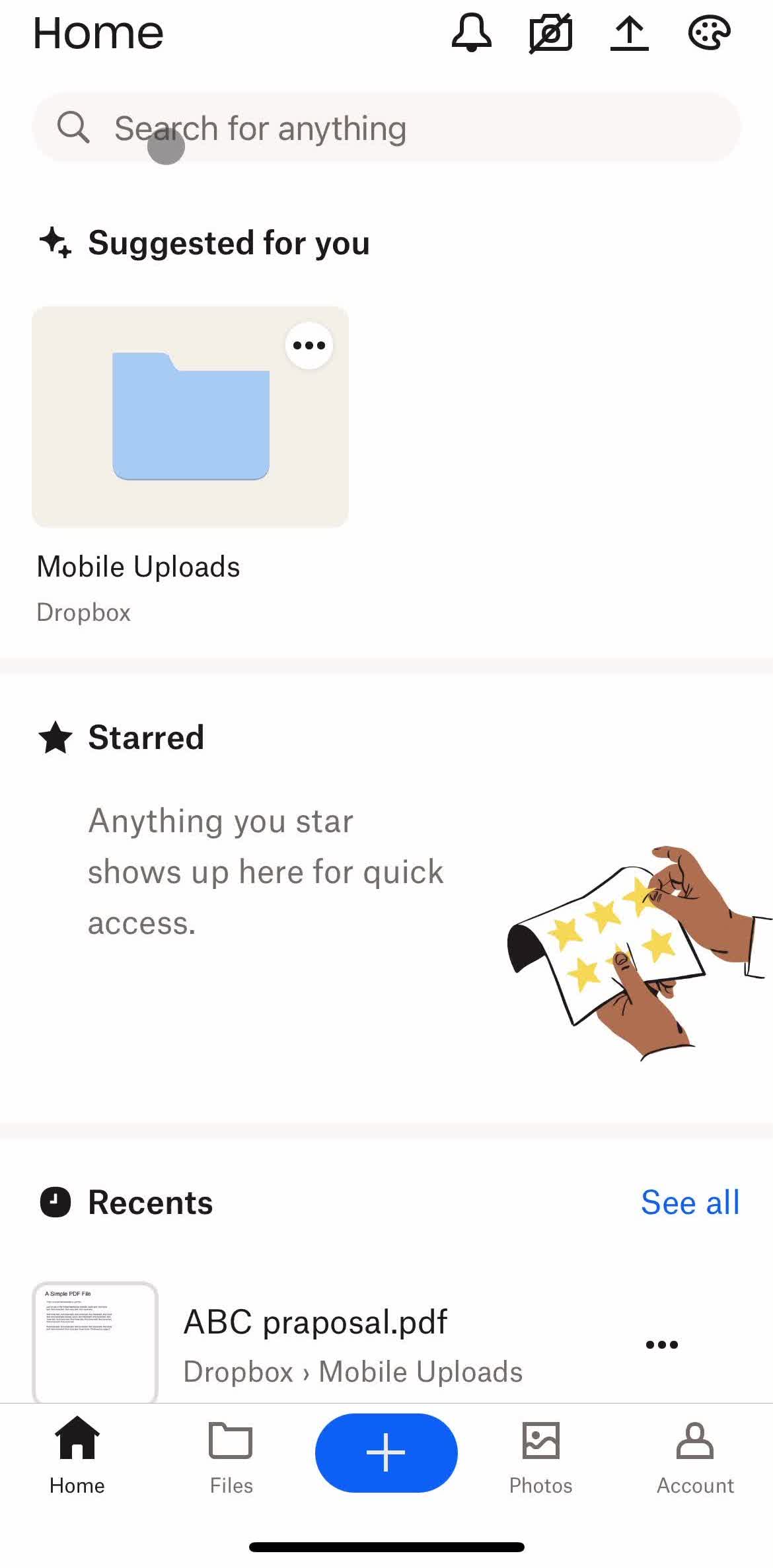 Dropbox Home screen in the Filtering flow