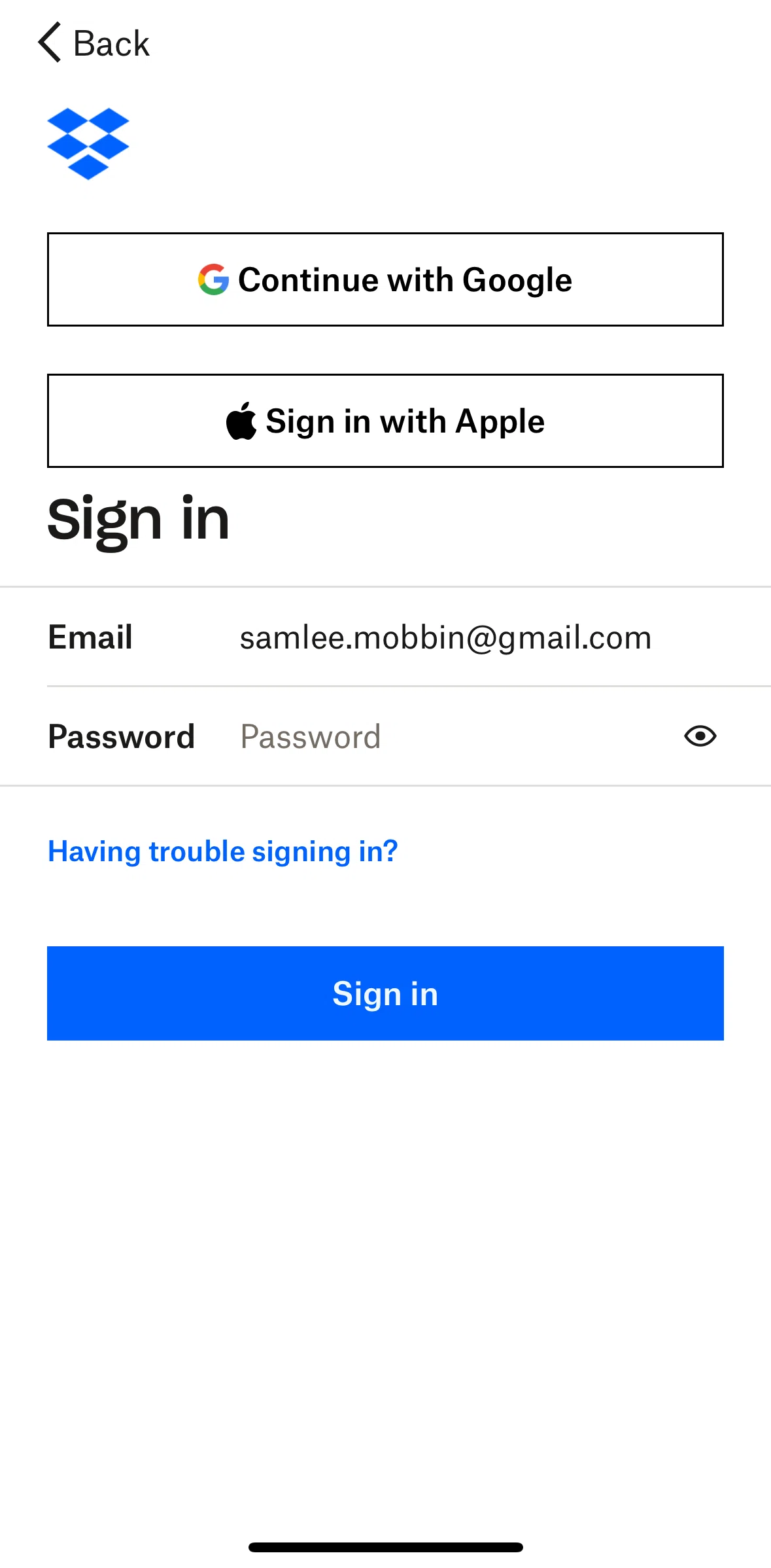 Dropbox Screen 1 screen in the Forgot password flow