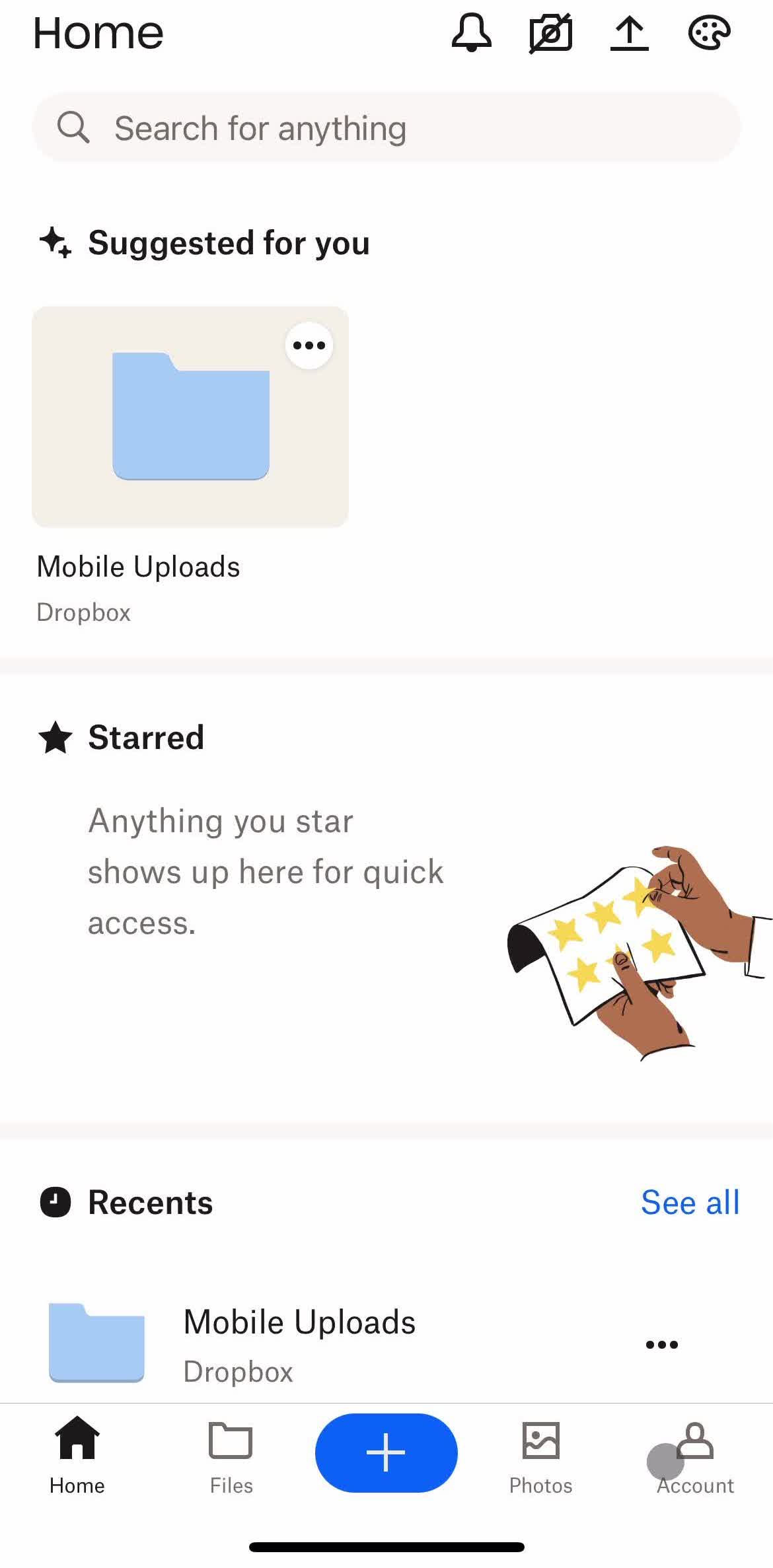 Dropbox Home screen in the Giving Feedback flow