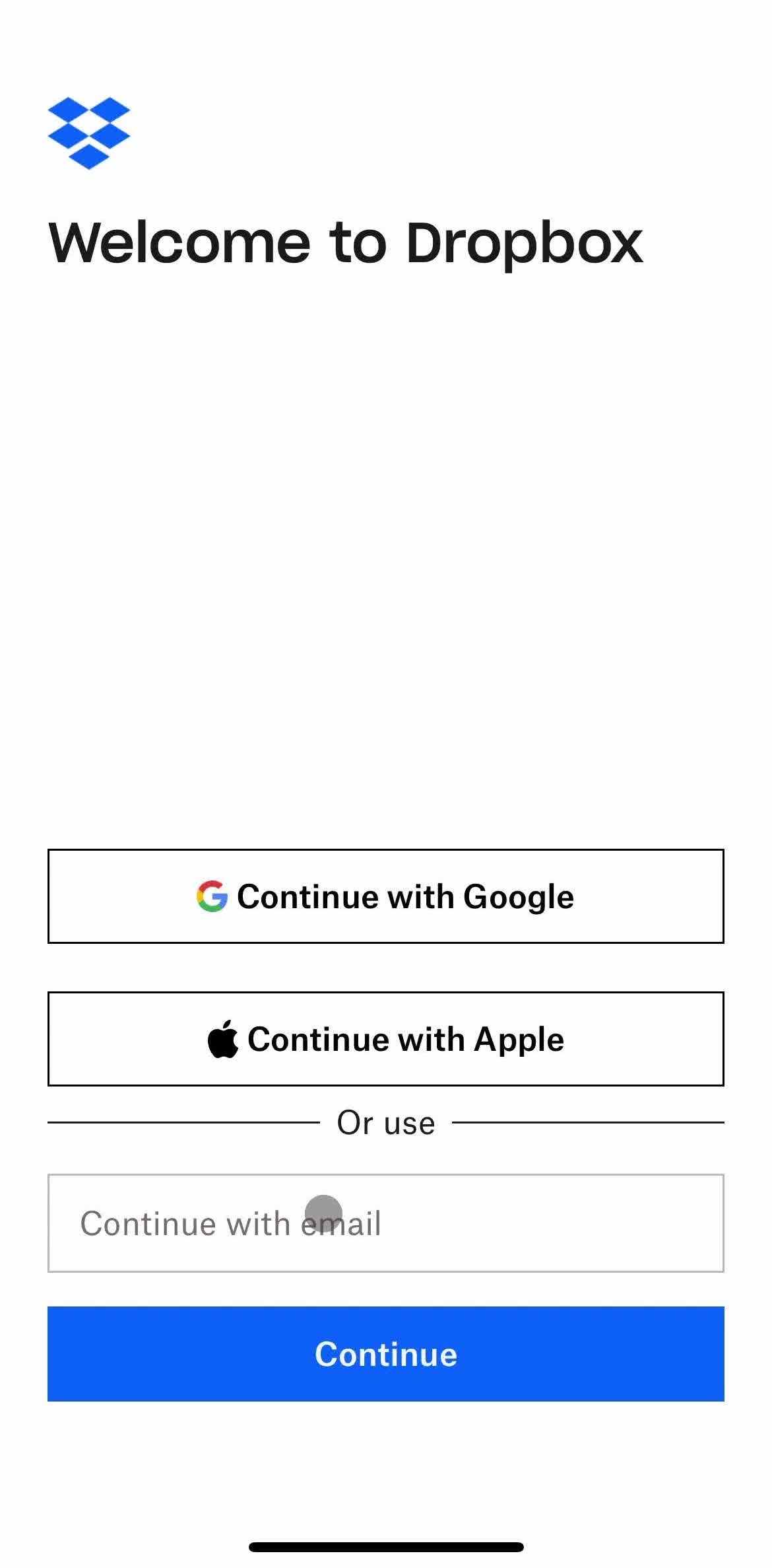 Dropbox Welcome screen in the Logging In flow