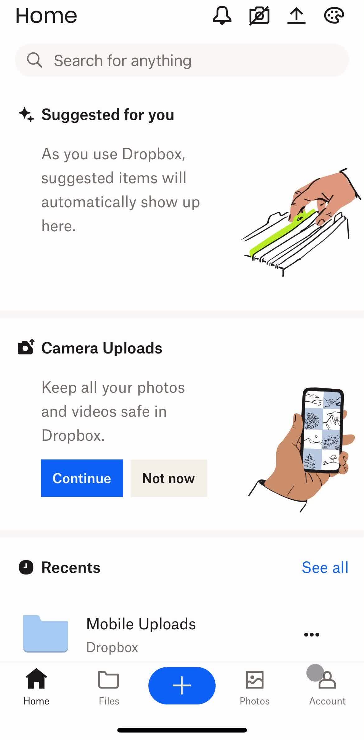 Dropbox Home screen in the Logging Out flow