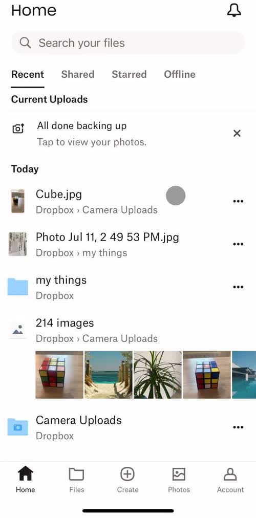 Dropbox Home screen in the Managing Files flow