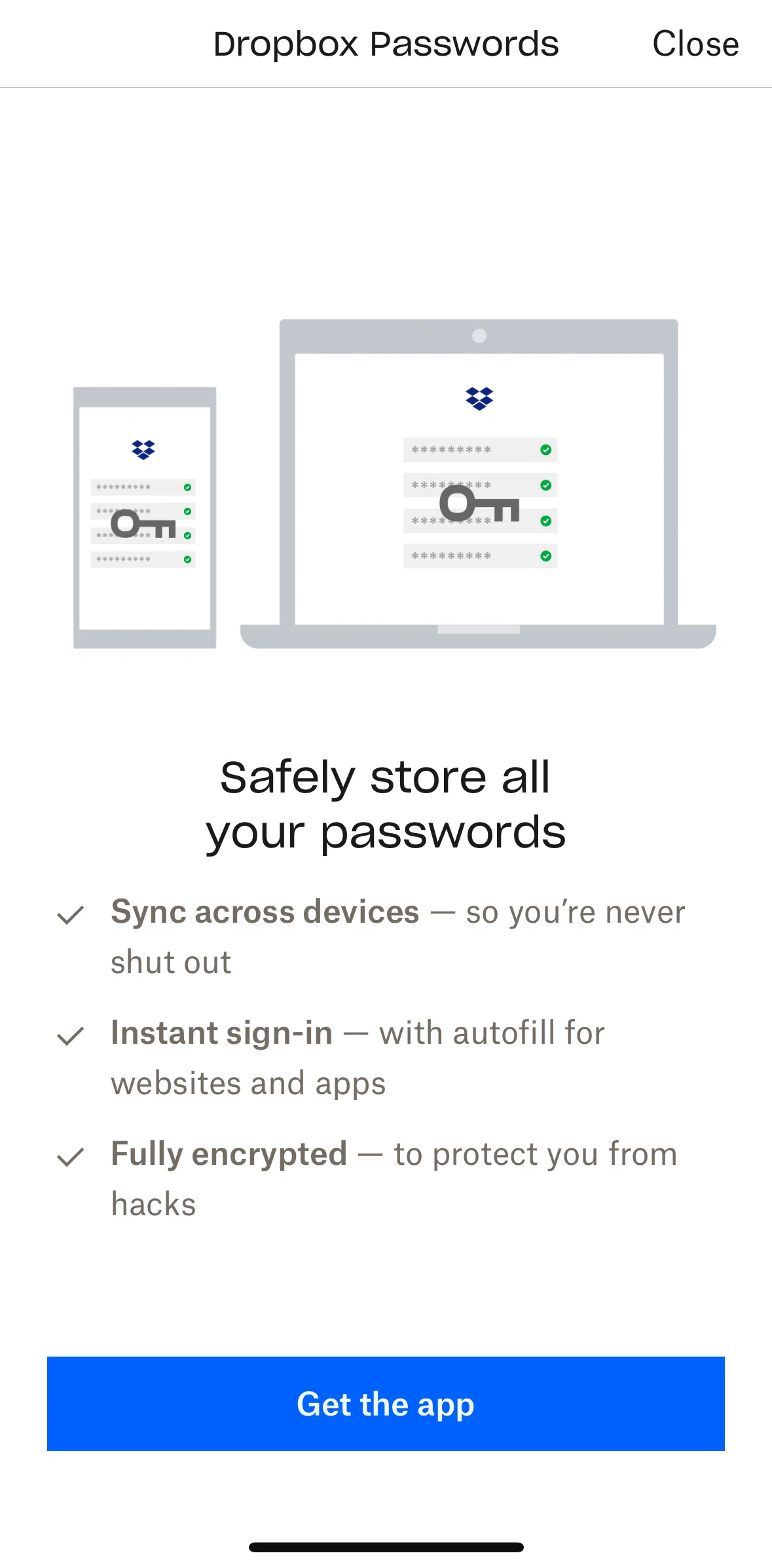 Dropbox Screen 1 screen in the Passwords flow