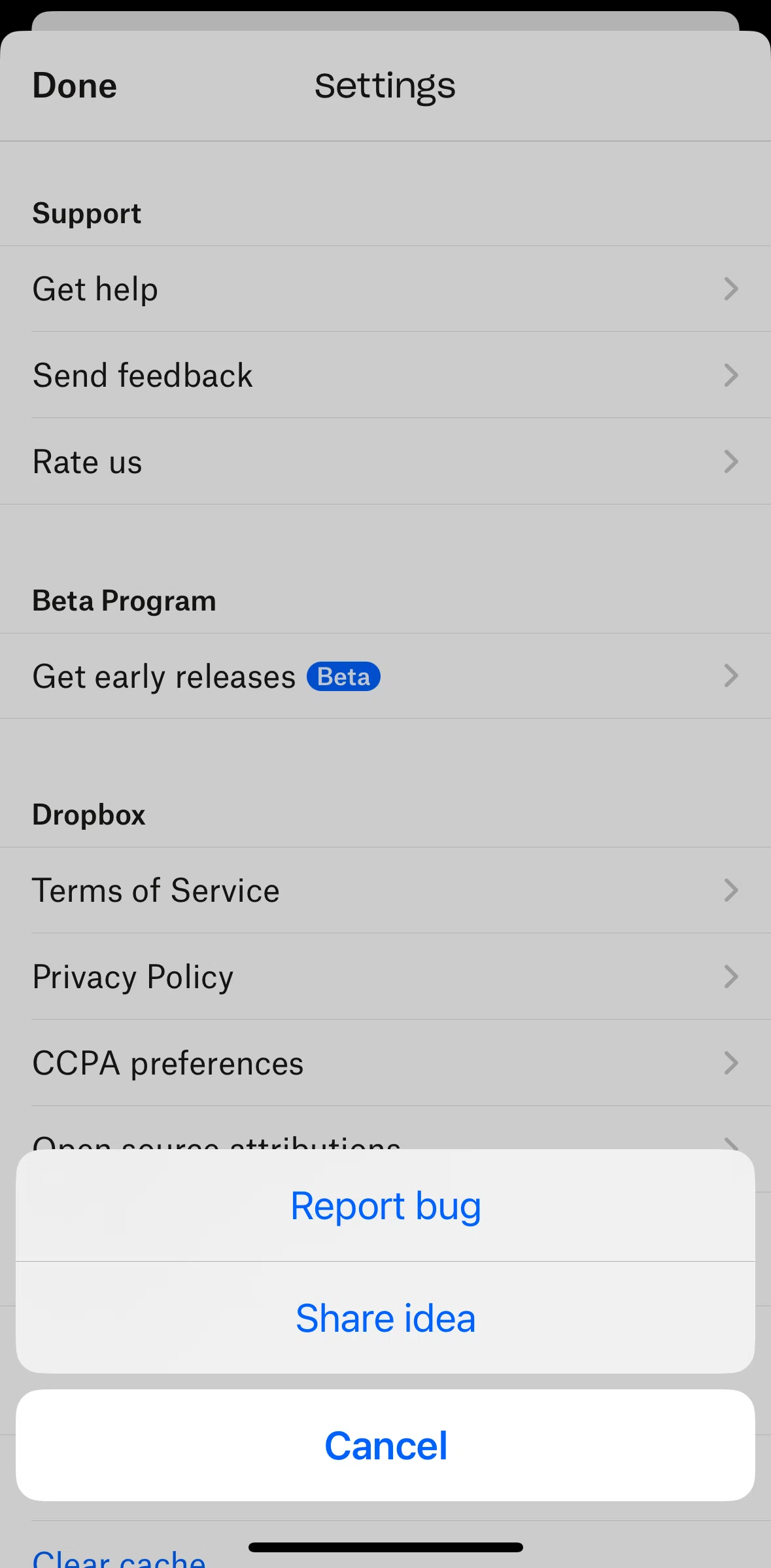 Dropbox Screen 1 screen in the Reporting a bug flow