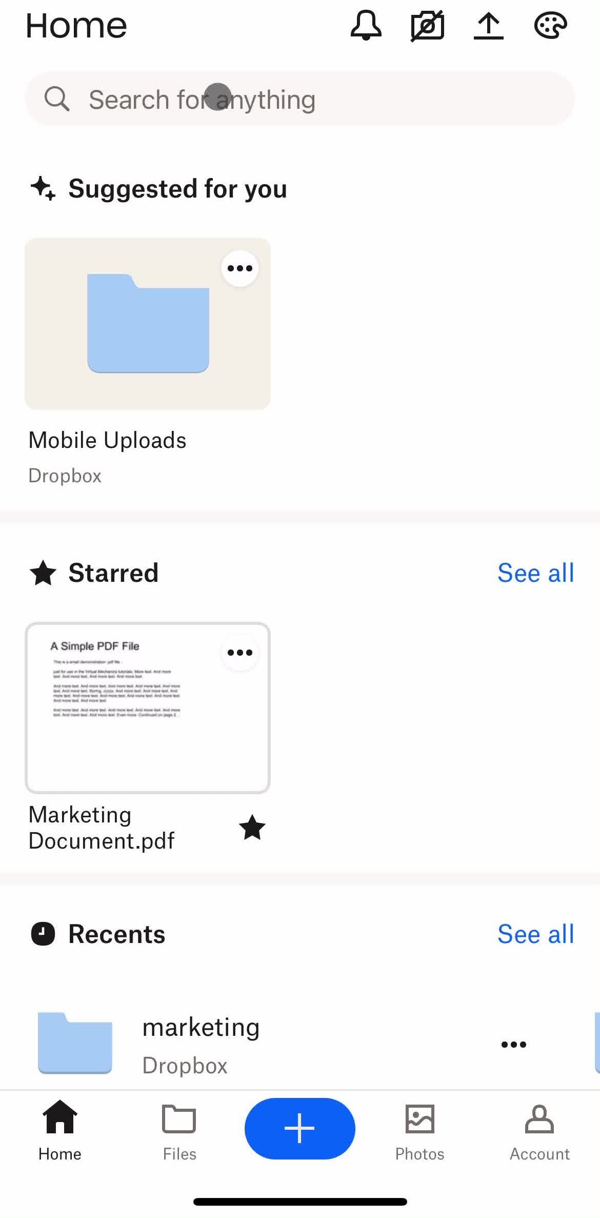 Dropbox Home screen in the Searching flow