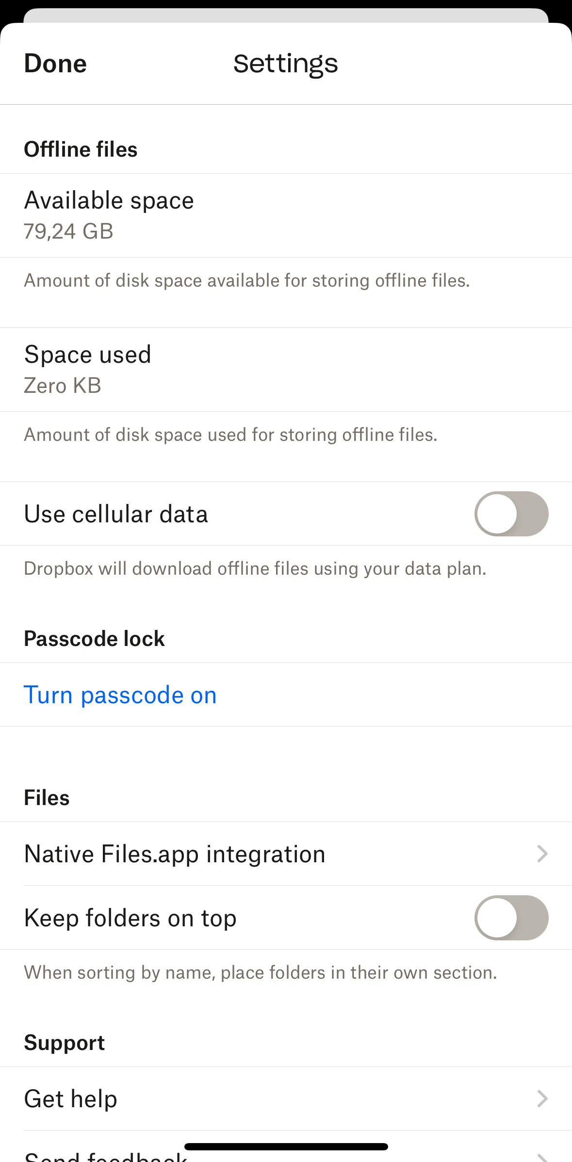 Dropbox Screen 1 screen in the Setting up a passcode flow