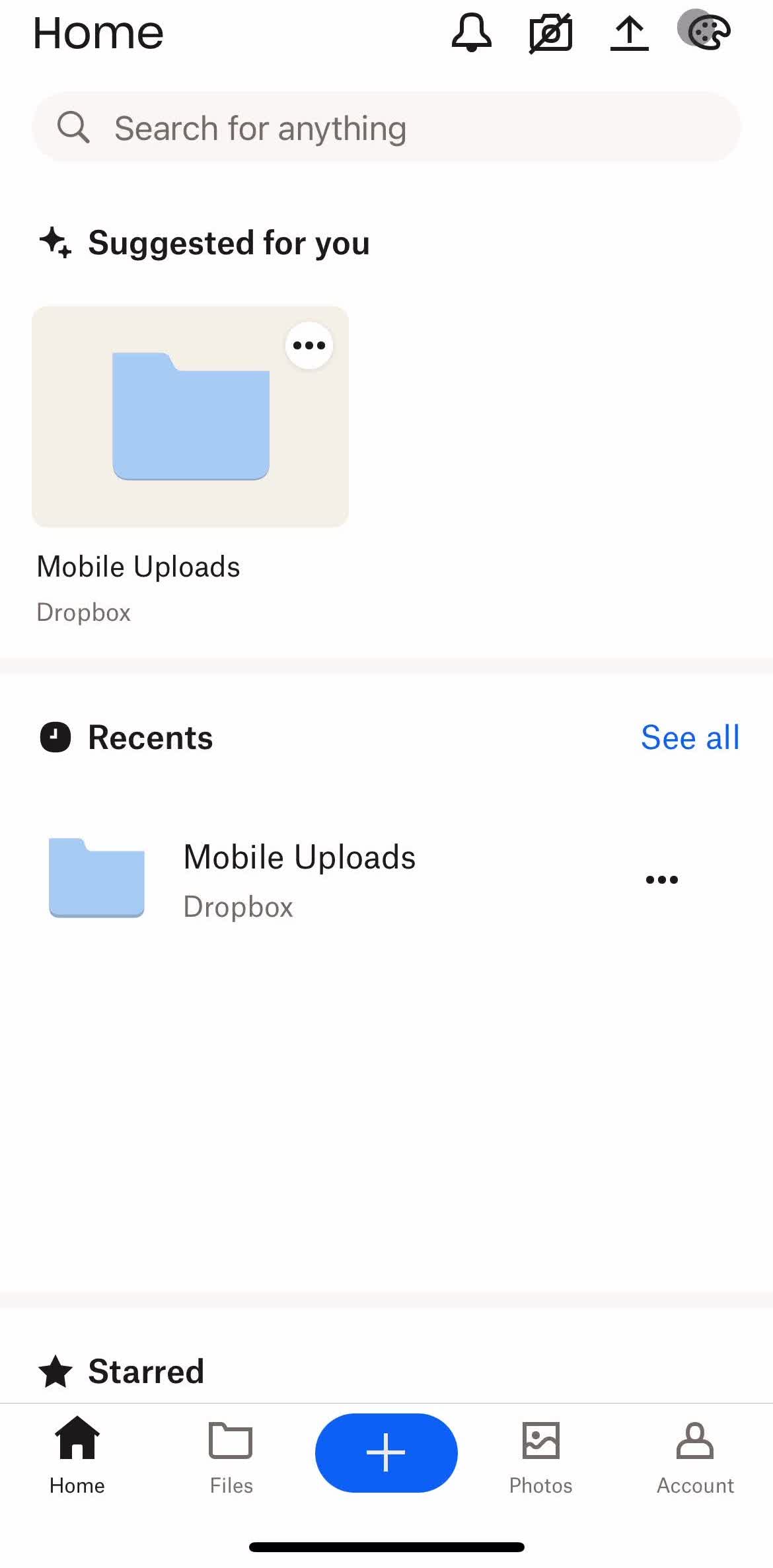 Dropbox Home screen in the Settings flow