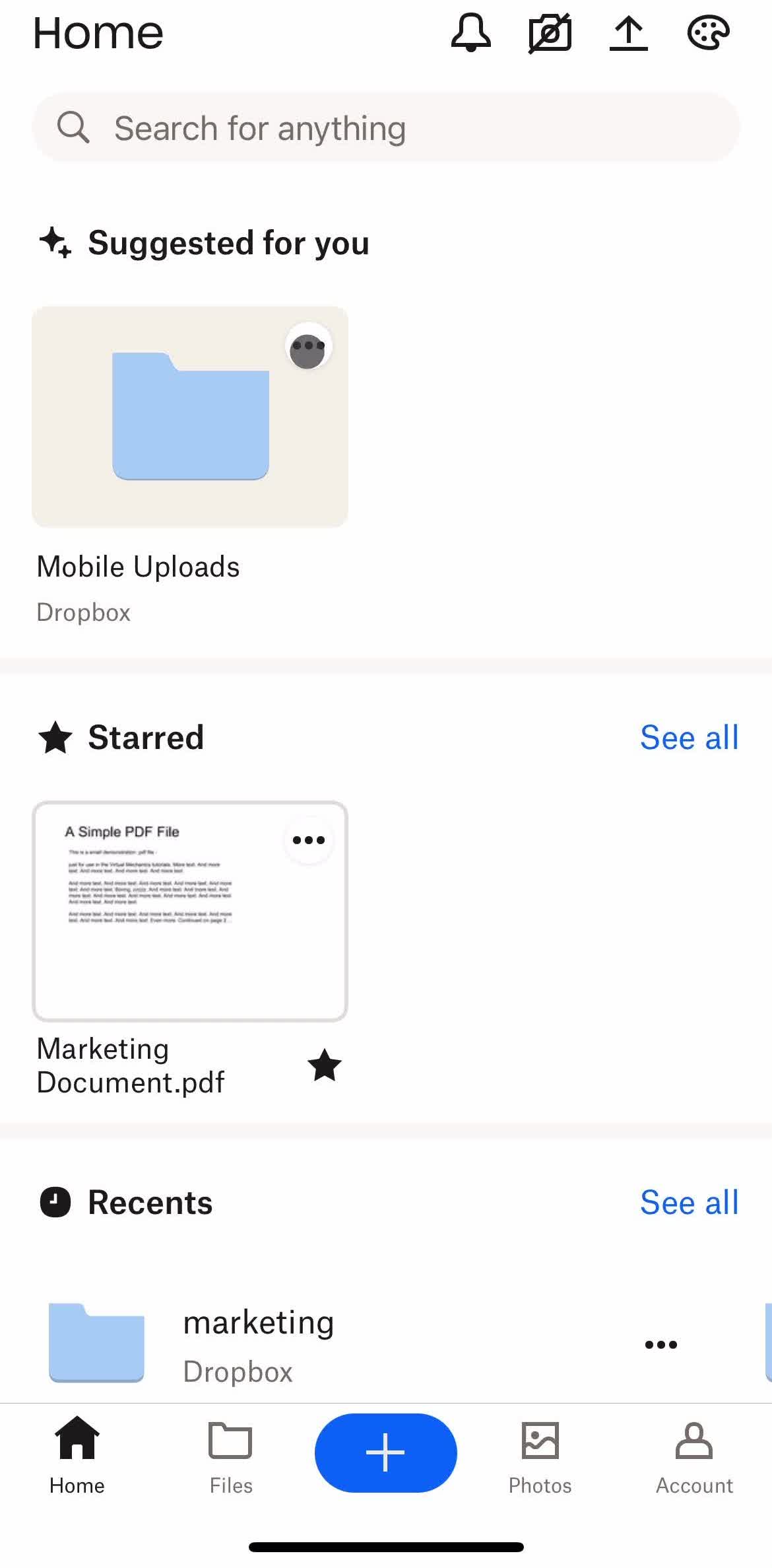 Dropbox Home screen in the Sharing flow
