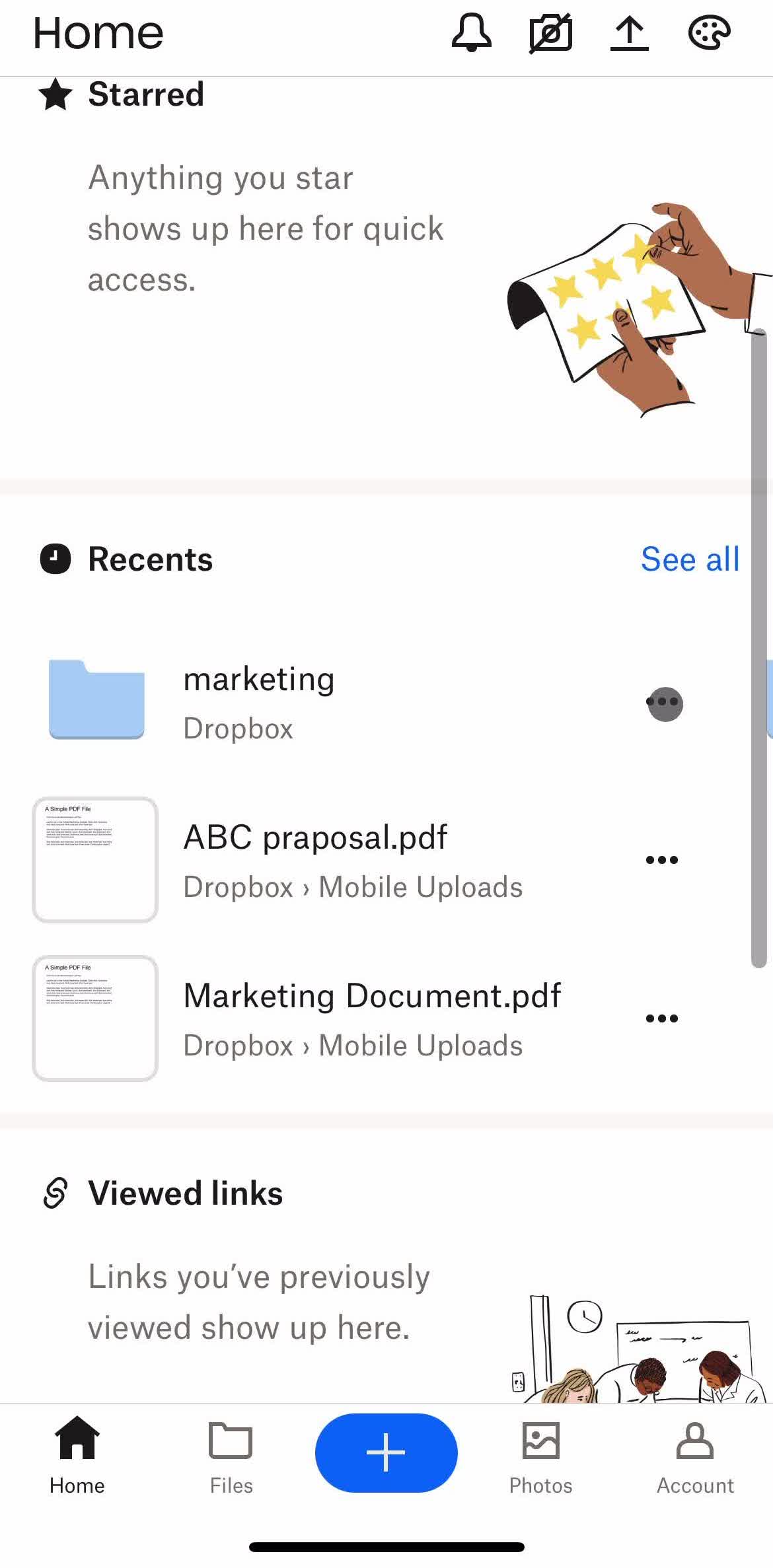Dropbox Home screen in the Starring Folders flow