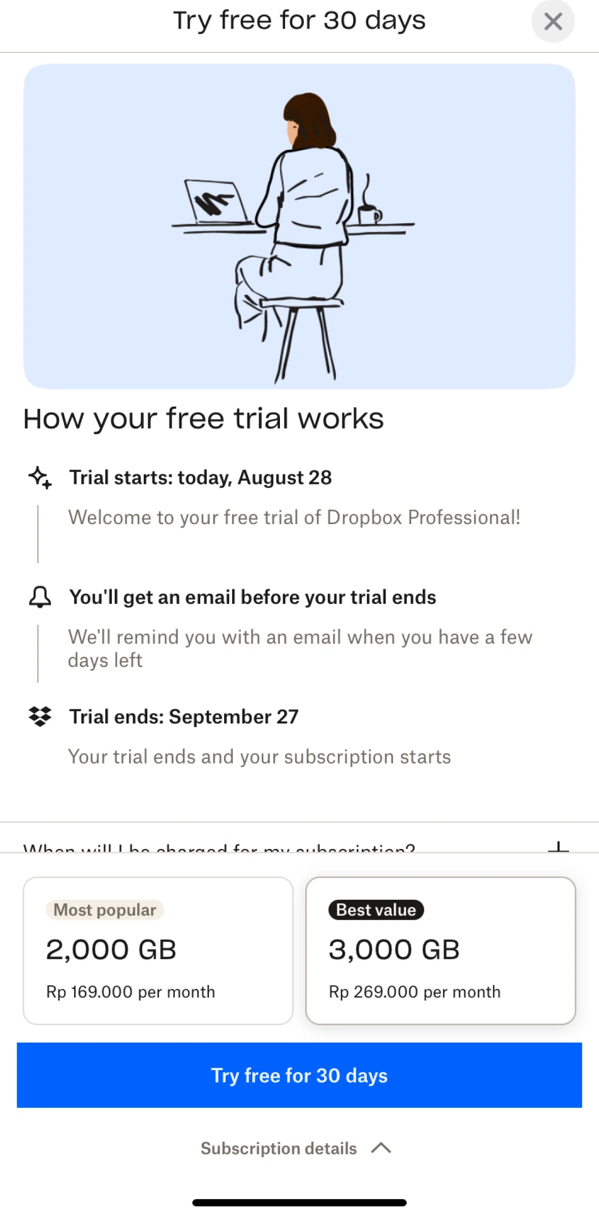 Dropbox Screen 1 screen in the Subscribing to Dropbox flow