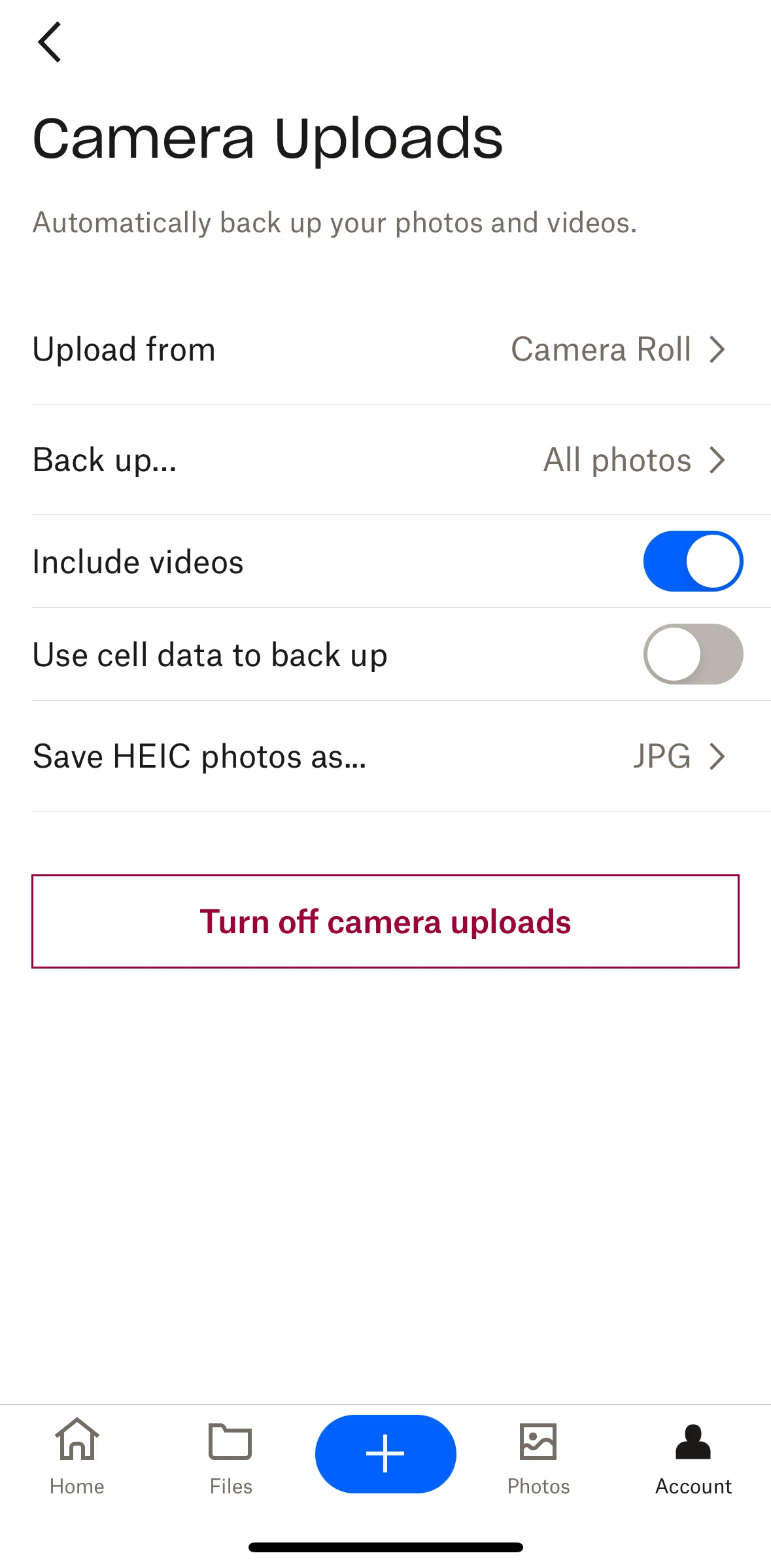 Dropbox Screen 1 screen in the Turning off camera uploads flow