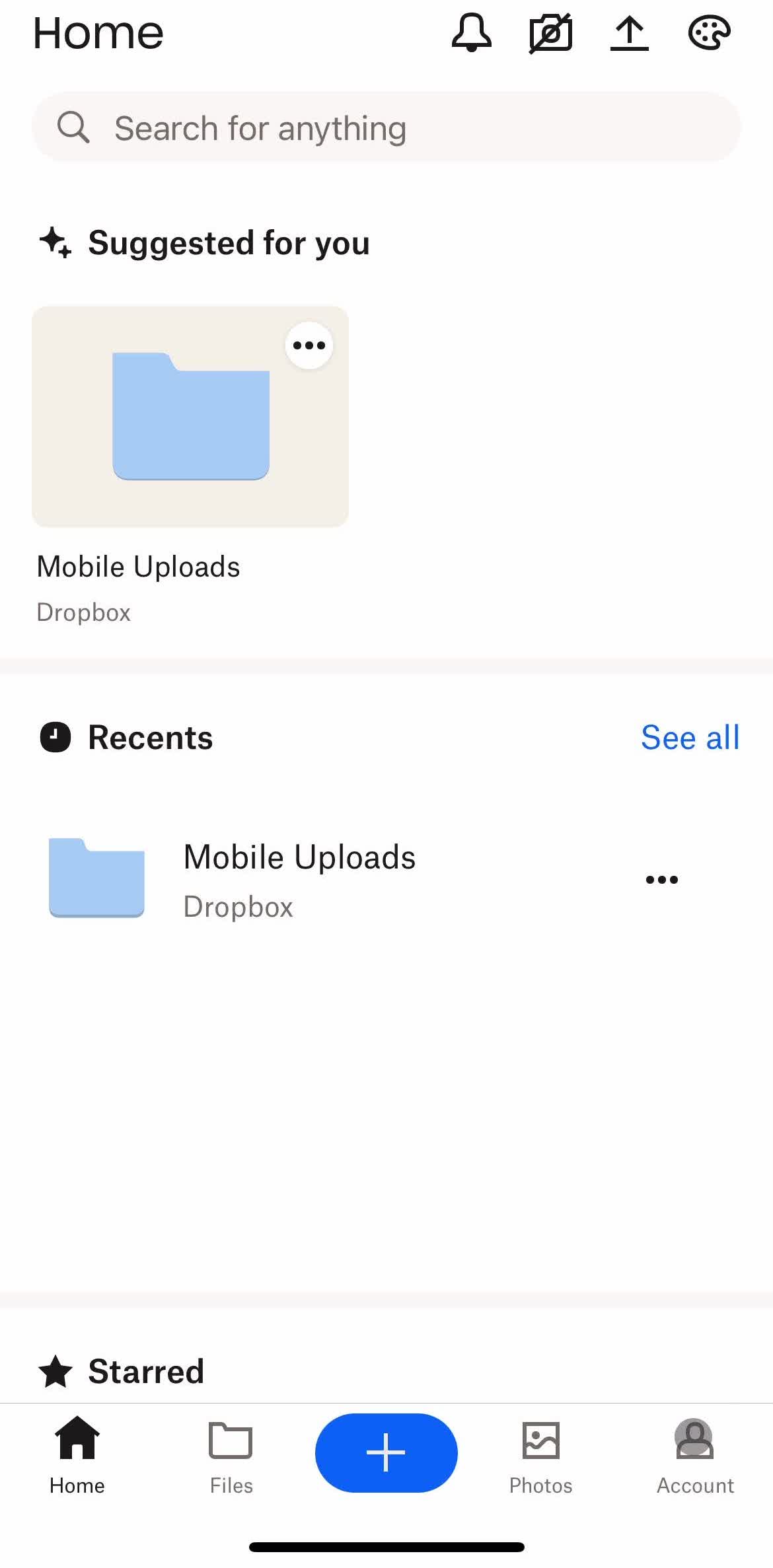 Dropbox Home screen in the Updating Your Profile flow