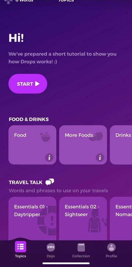 Drops Topics screen in the Learning flow