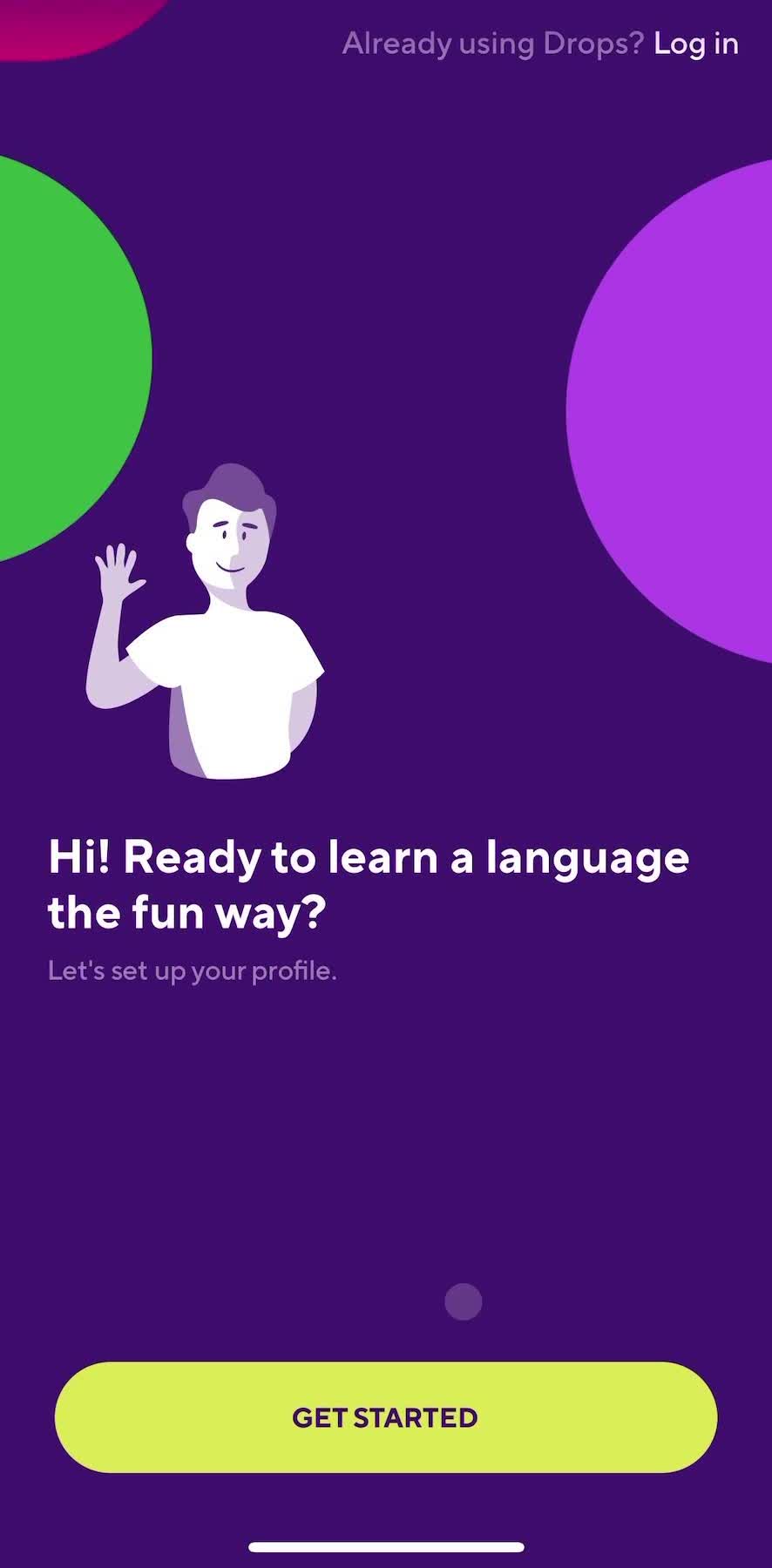 Drops Start screen screen in the Onboarding flow