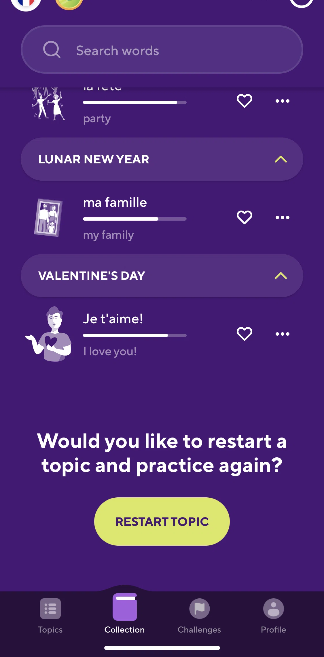 Drops Screen screen in the Restarting a topic flow