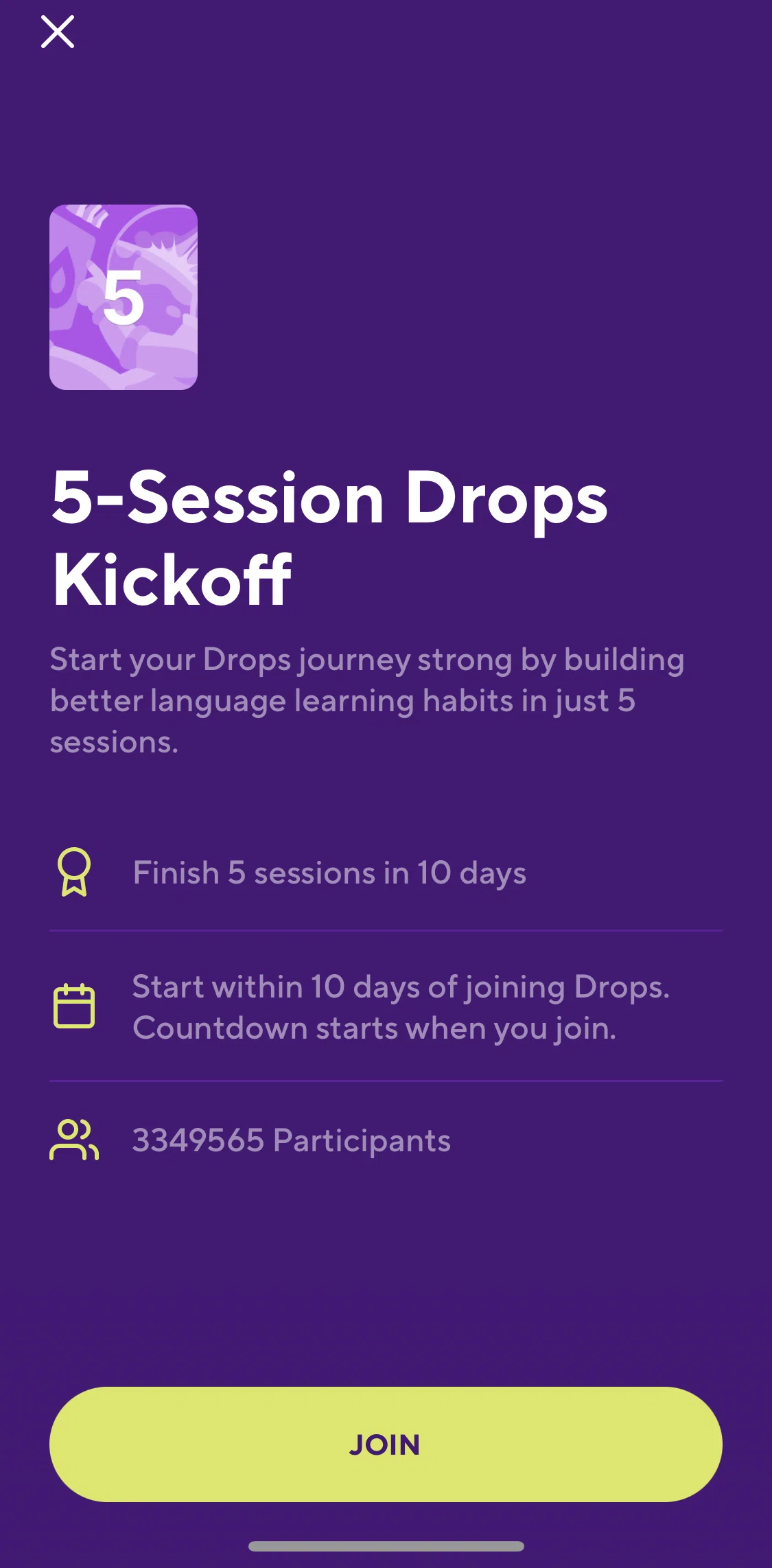 Drops Screen screen in the Starting a timed session flow