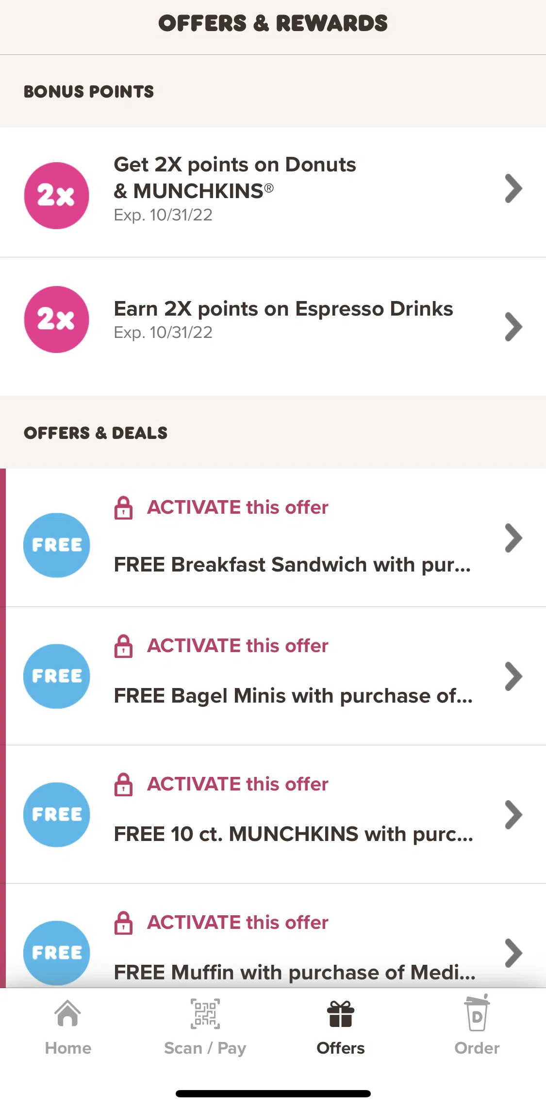 Dunkin' Screen screen in the Activating an offer flow