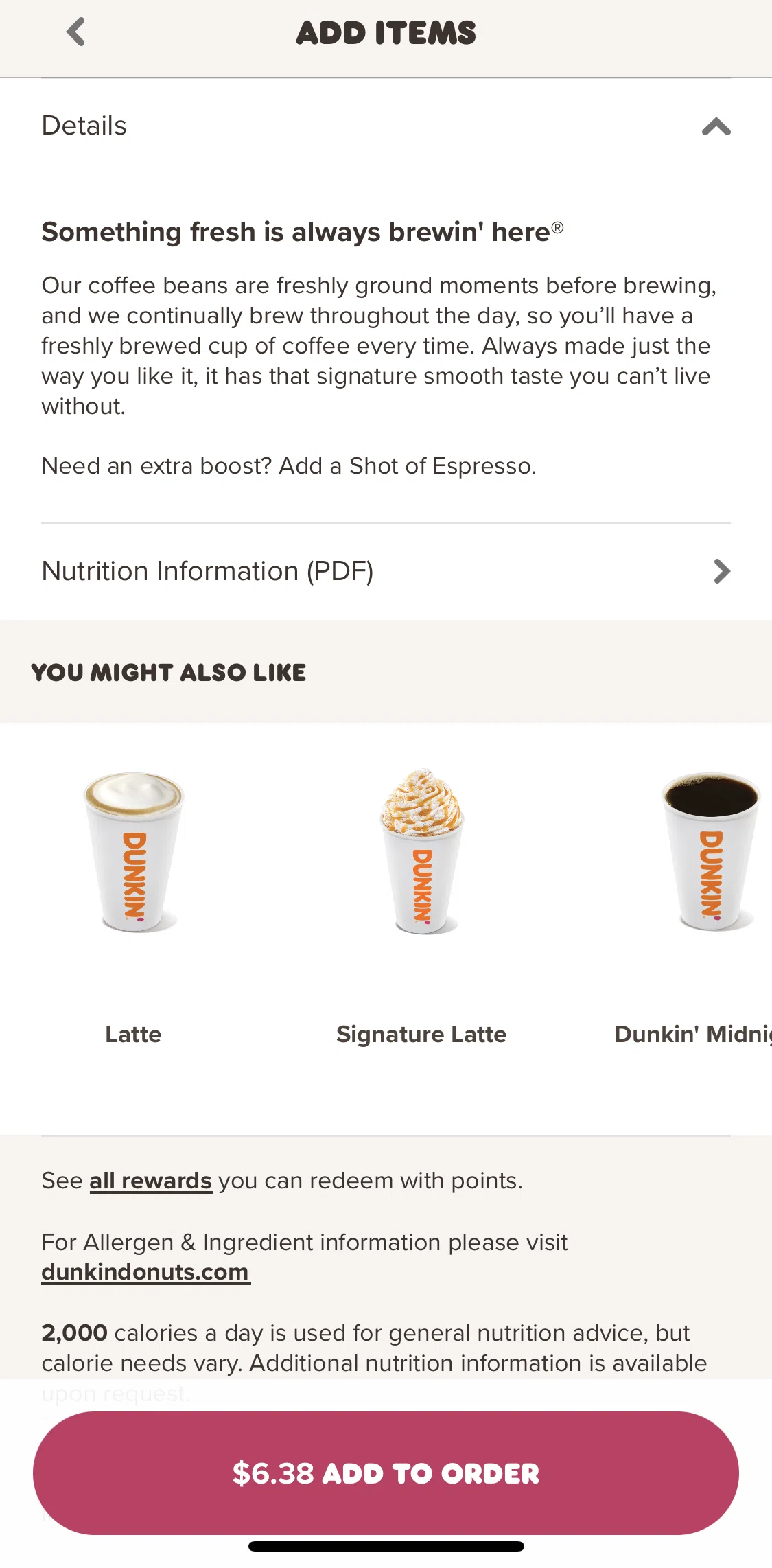 Dunkin' Screen screen in the Nutritional information flow