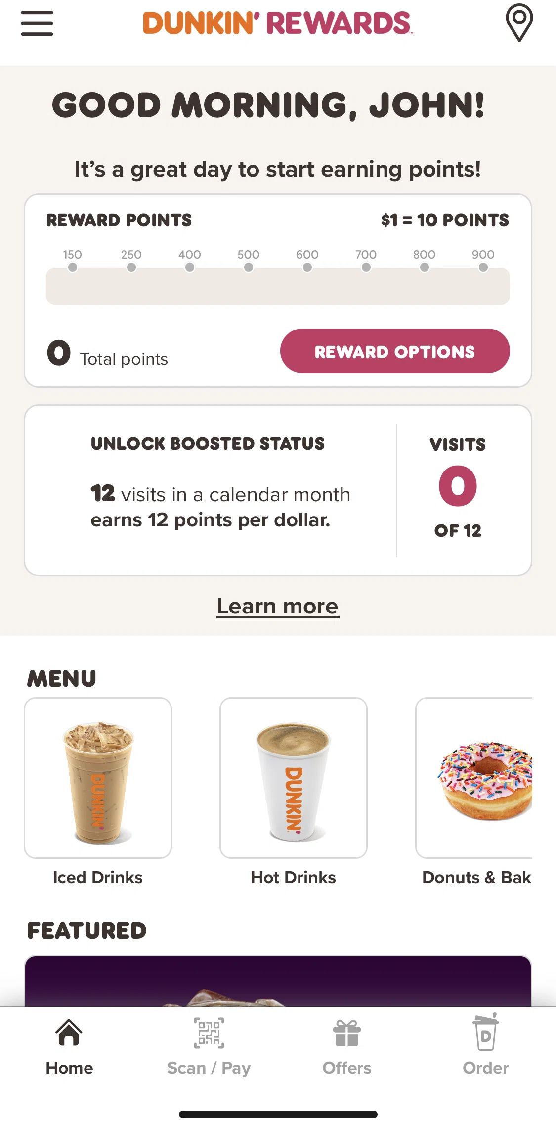 Dunkin' Screen screen in the Offers & rewards flow