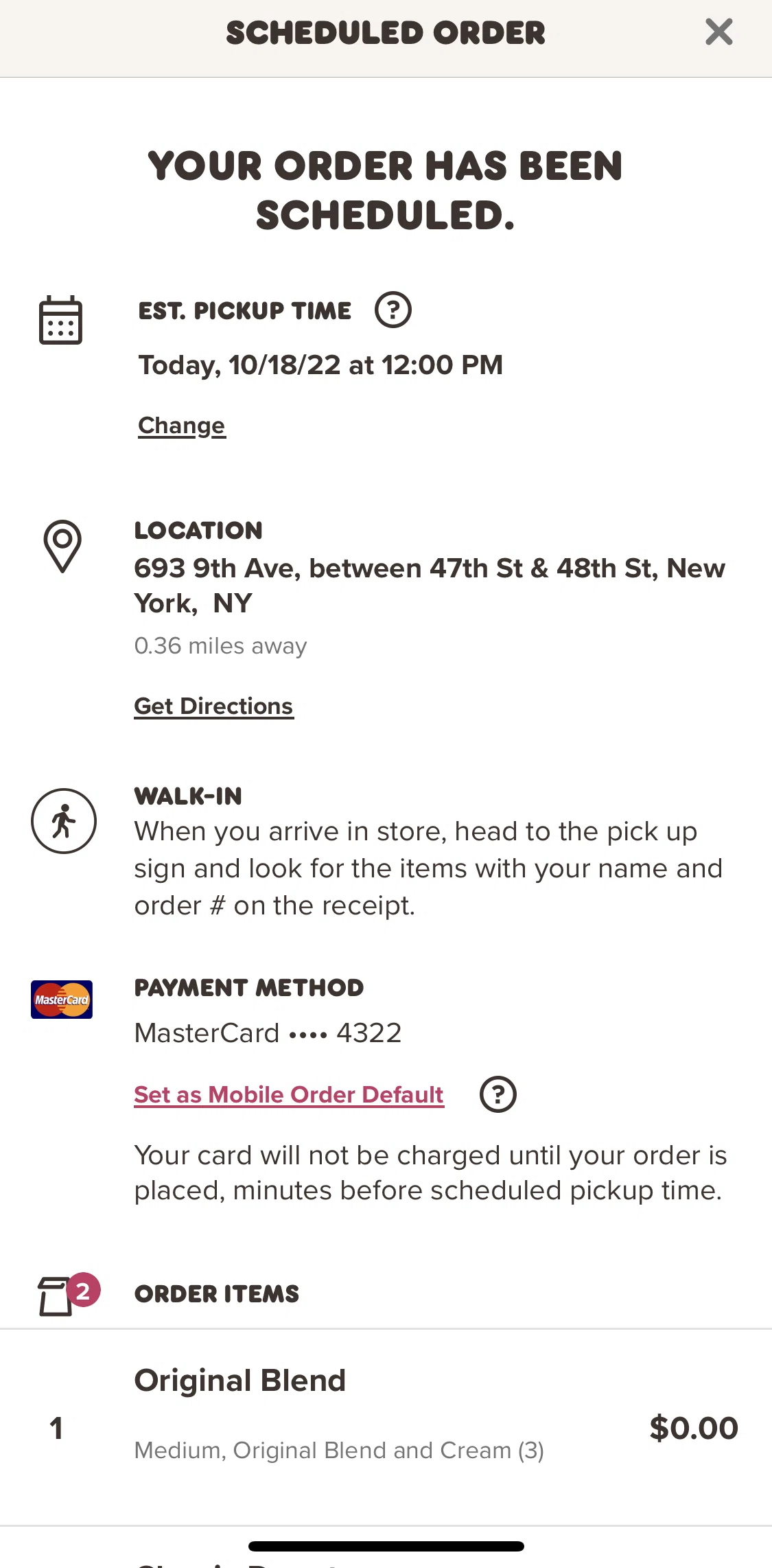 Dunkin' Screen screen in the Order detail flow