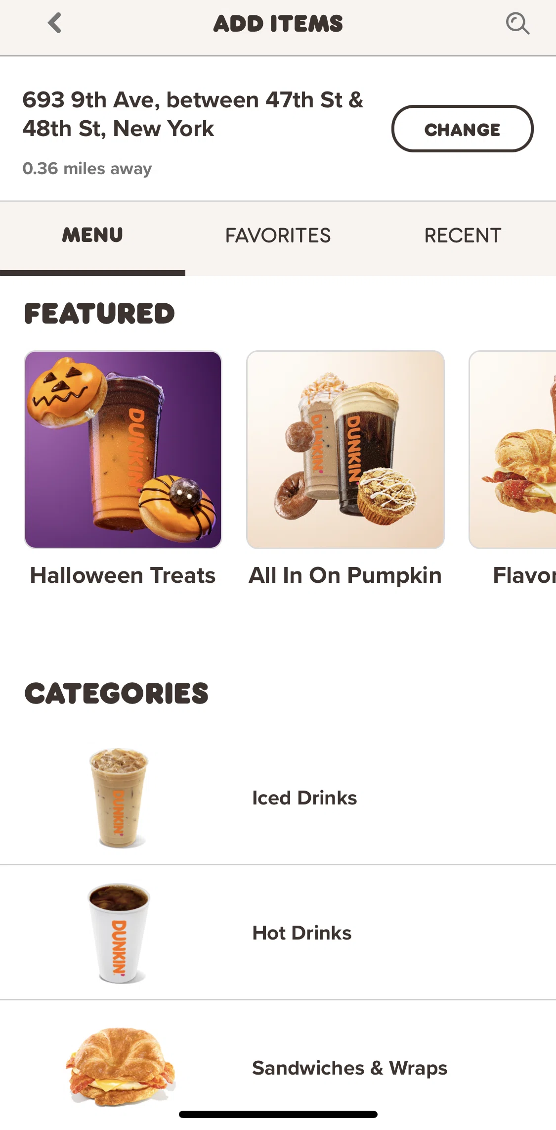 Dunkin' Screen screen in the Ordering items for pickup flow
