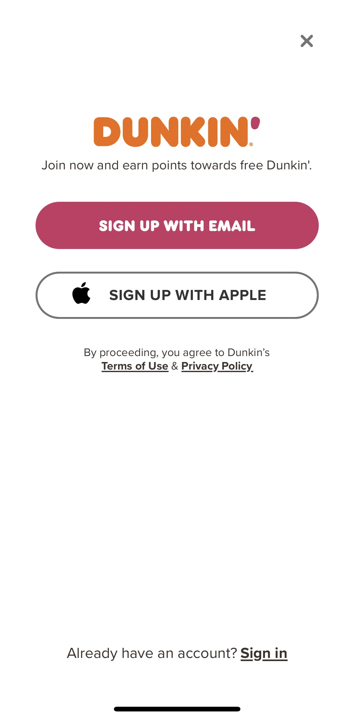 Dunkin' Screen screen in the Privacy & terms flow