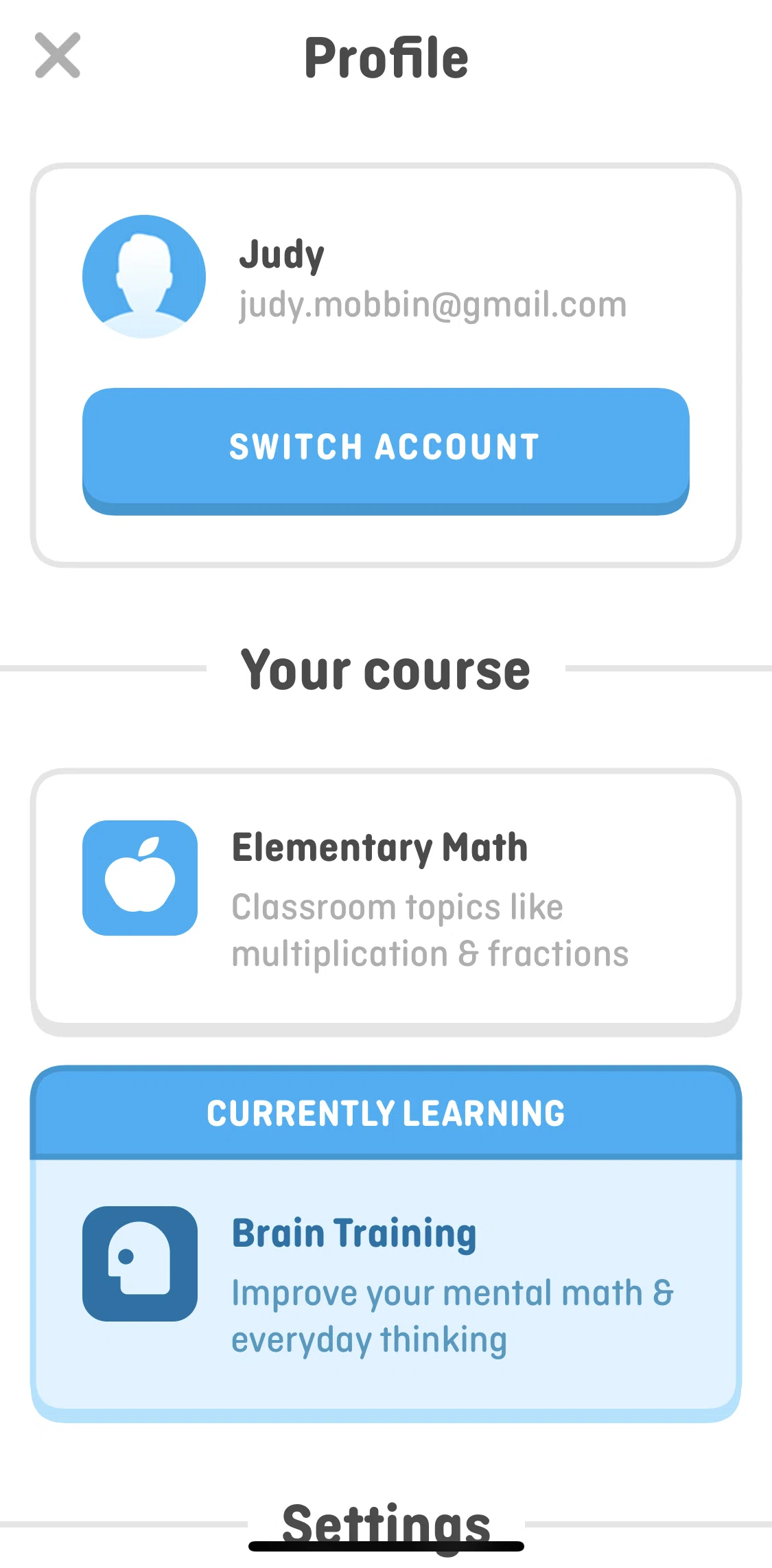 Duolingo Math Screen screen in the Switching courses flow