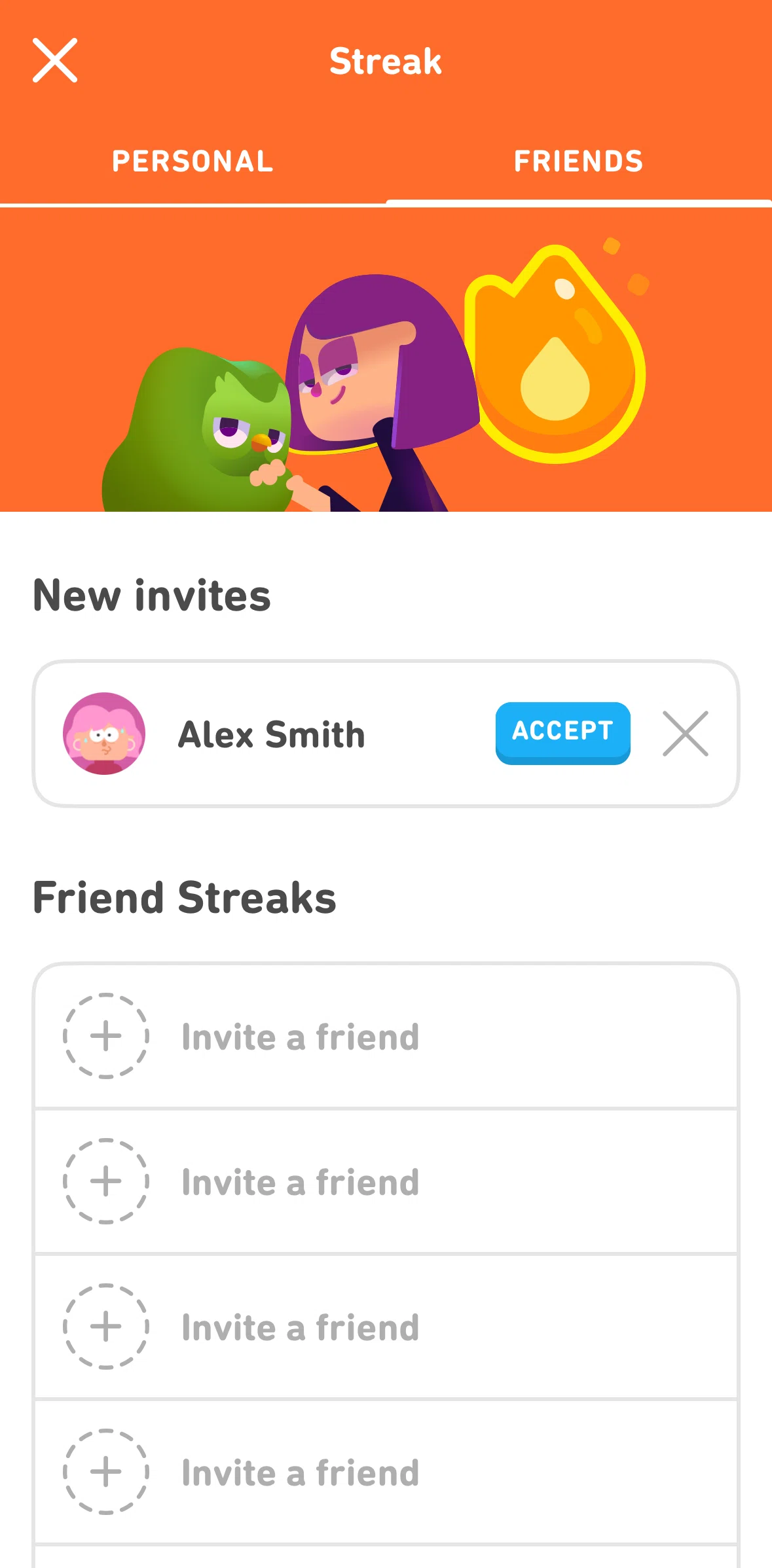 Duolingo Screen screen in the Accepting a streak request flow