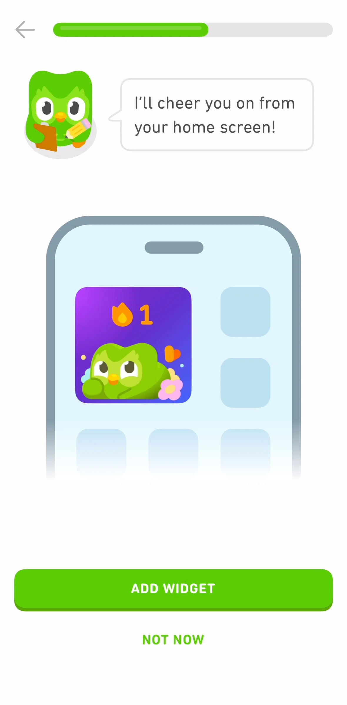 Duolingo Screen screen in the Add a widget flow