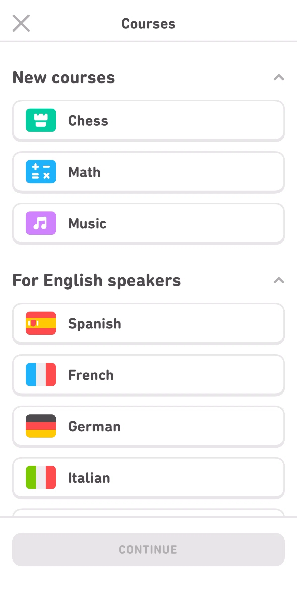 Duolingo Screen screen in the Adding a course (math) flow