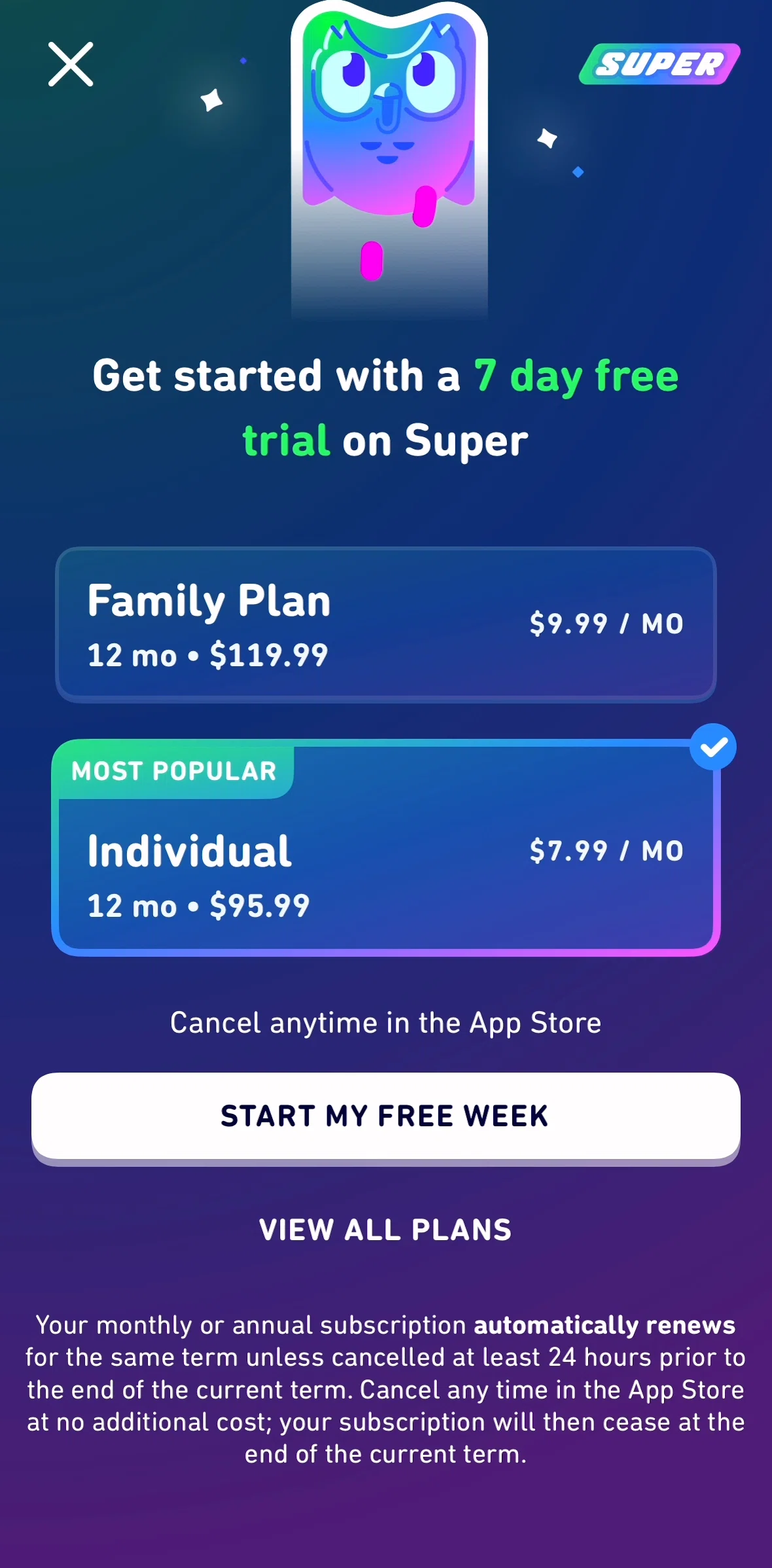 Duolingo Screen screen in the Choose a plan flow
