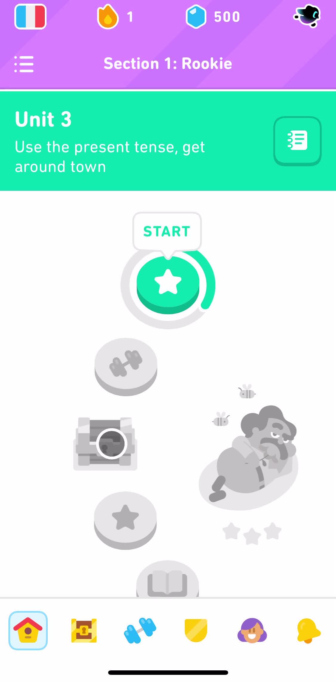 Duolingo Home screen in the Completing A Level flow