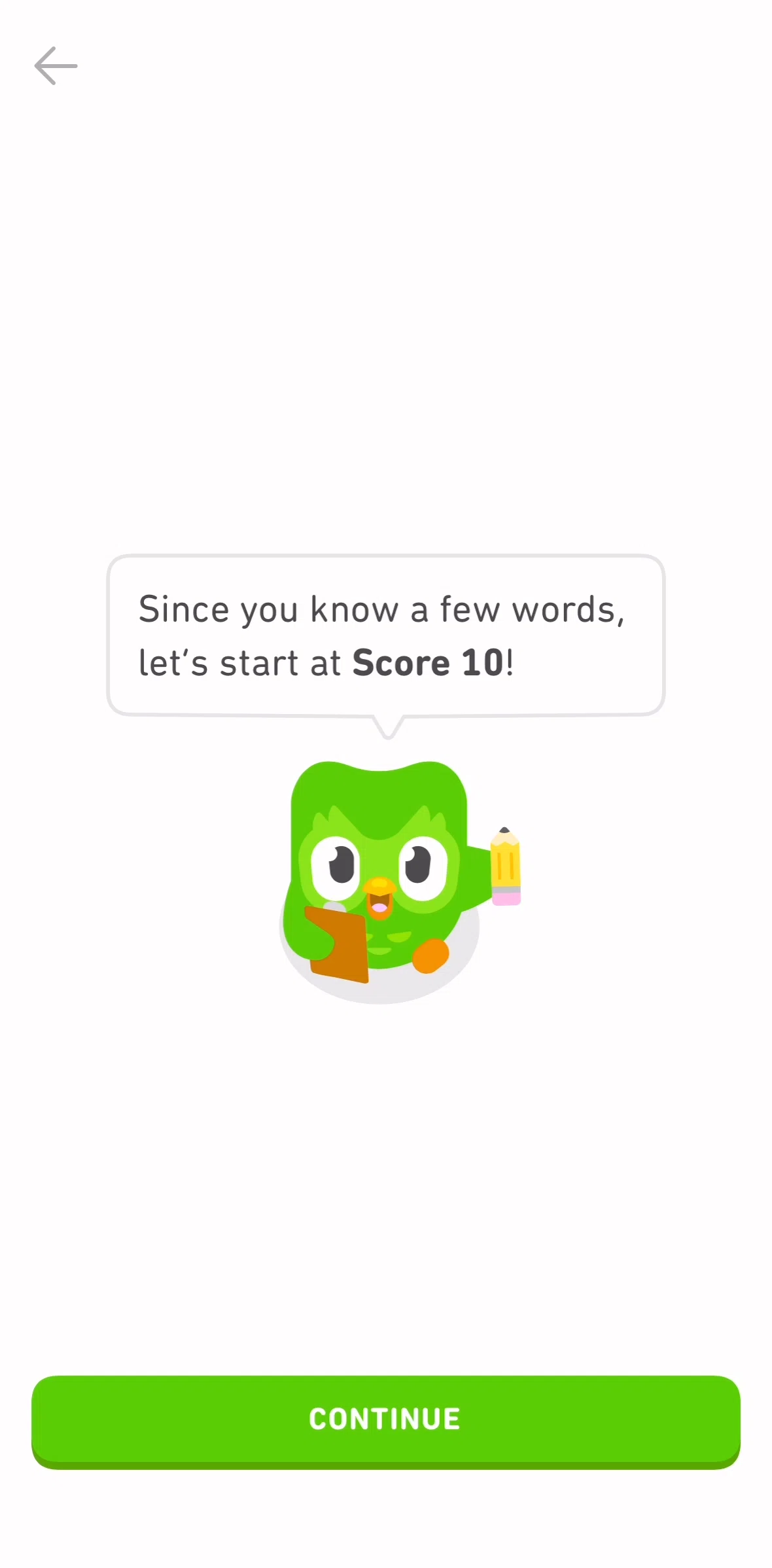 Duolingo Screen screen in the Completing the first lesson flow