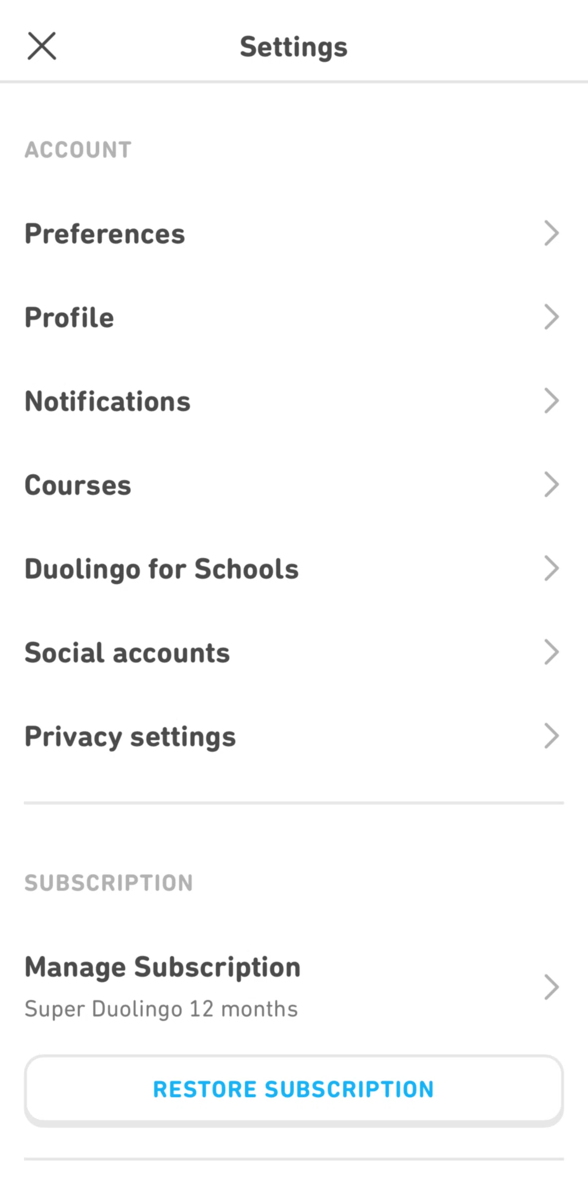 Duolingo Screen screen in the Courses (settings) flow