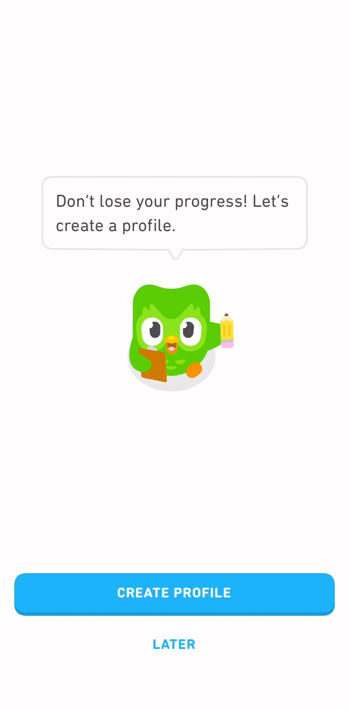 Duolingo Screen screen in the Creating a profile flow