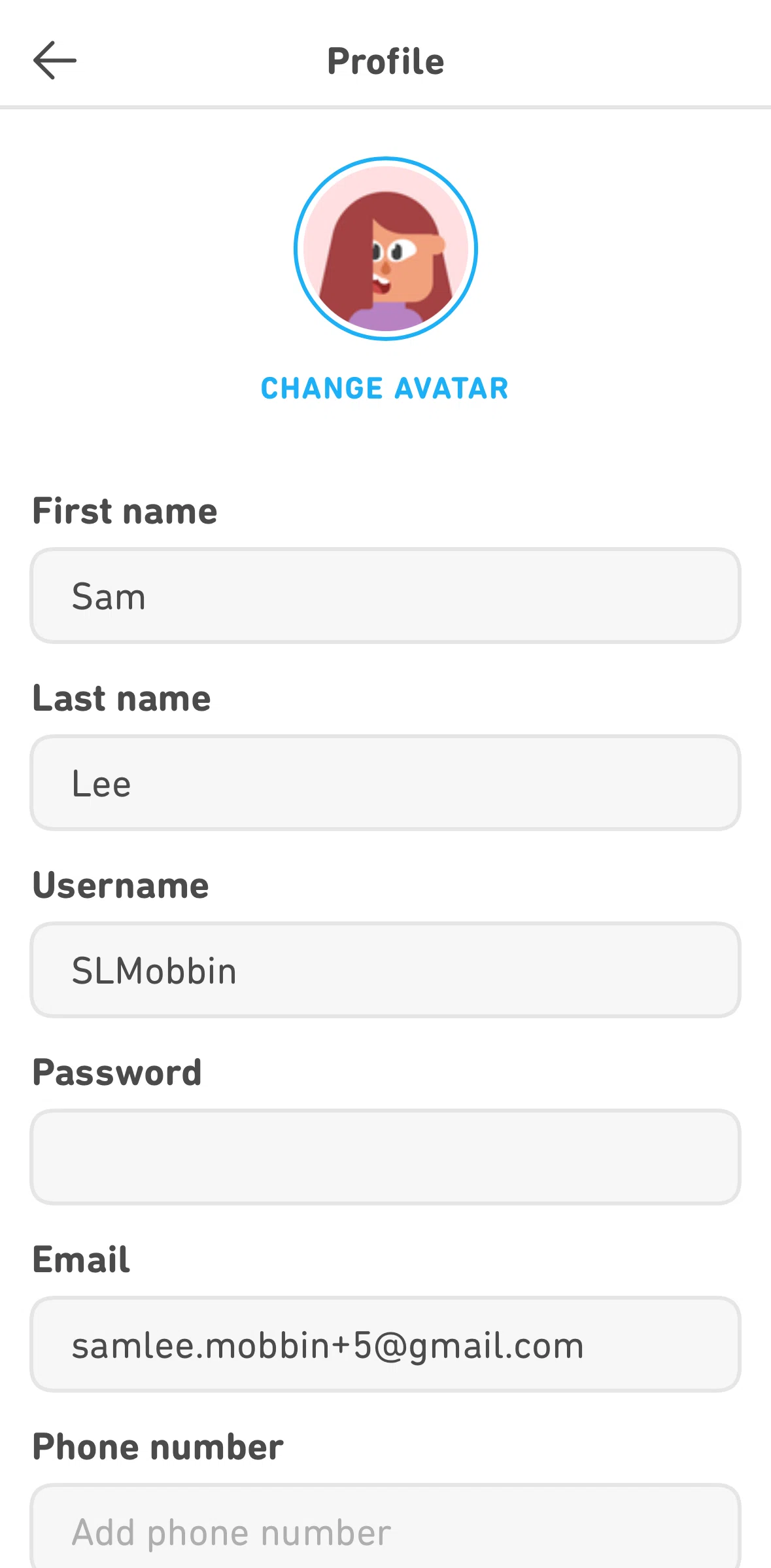 Duolingo Screen screen in the Editing profile flow