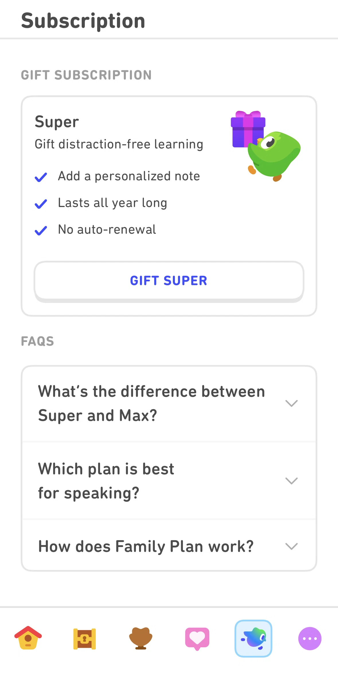 Duolingo Screen screen in the Gift a Super Duolingo flow