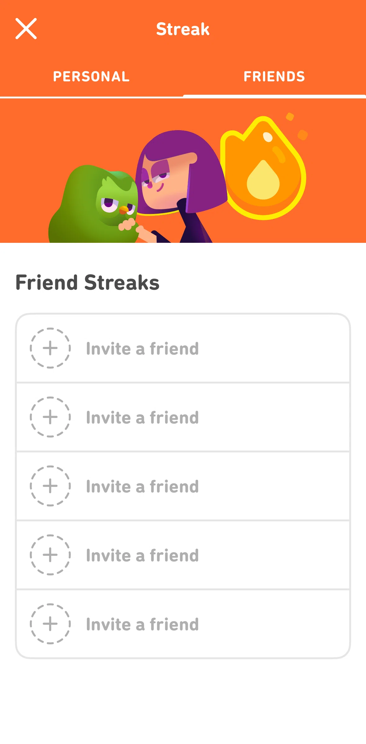 Duolingo Screen screen in the Inviting a friend to start new streak flow
