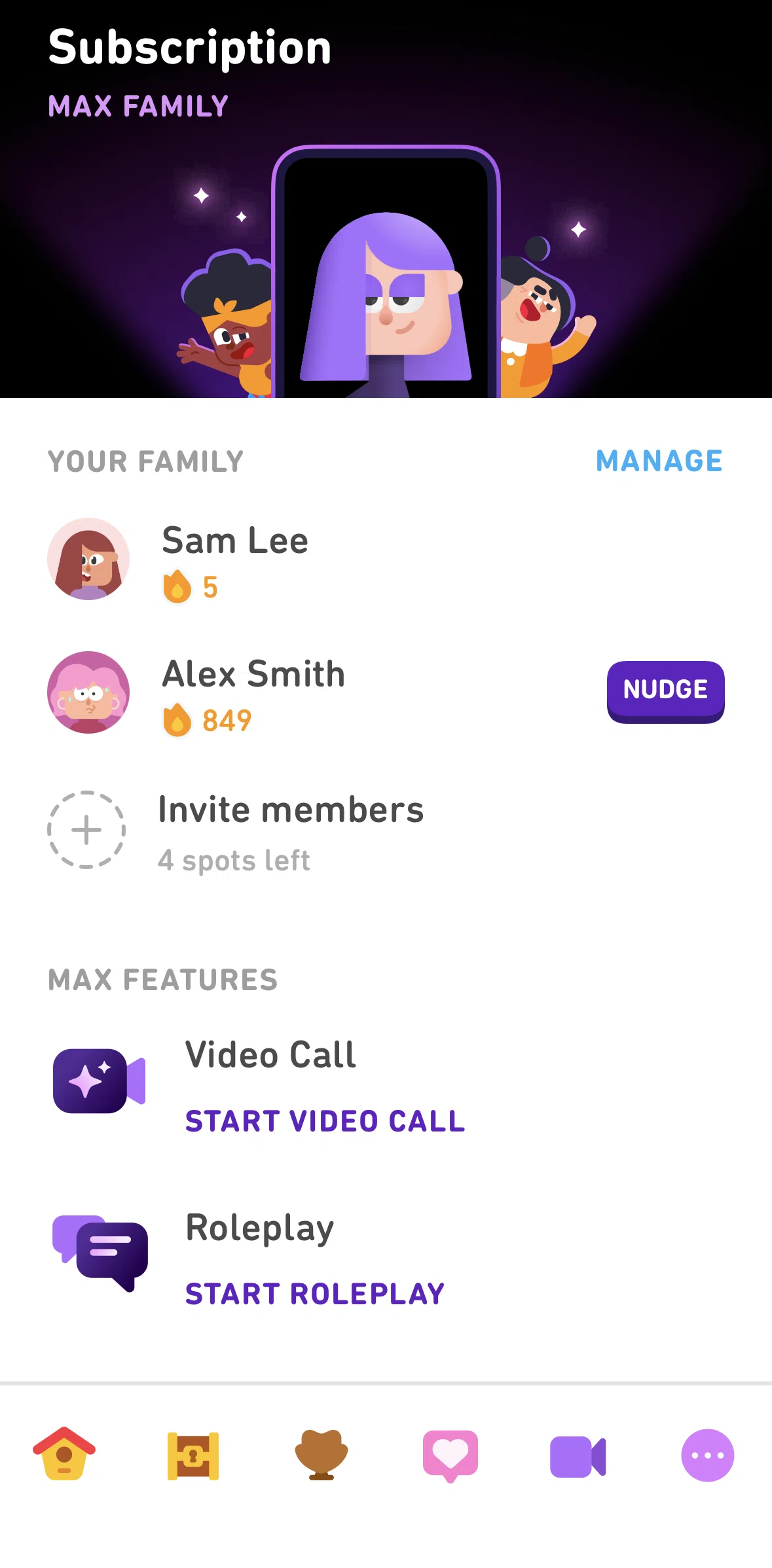 Duolingo Screen screen in the Manage a family plan flow