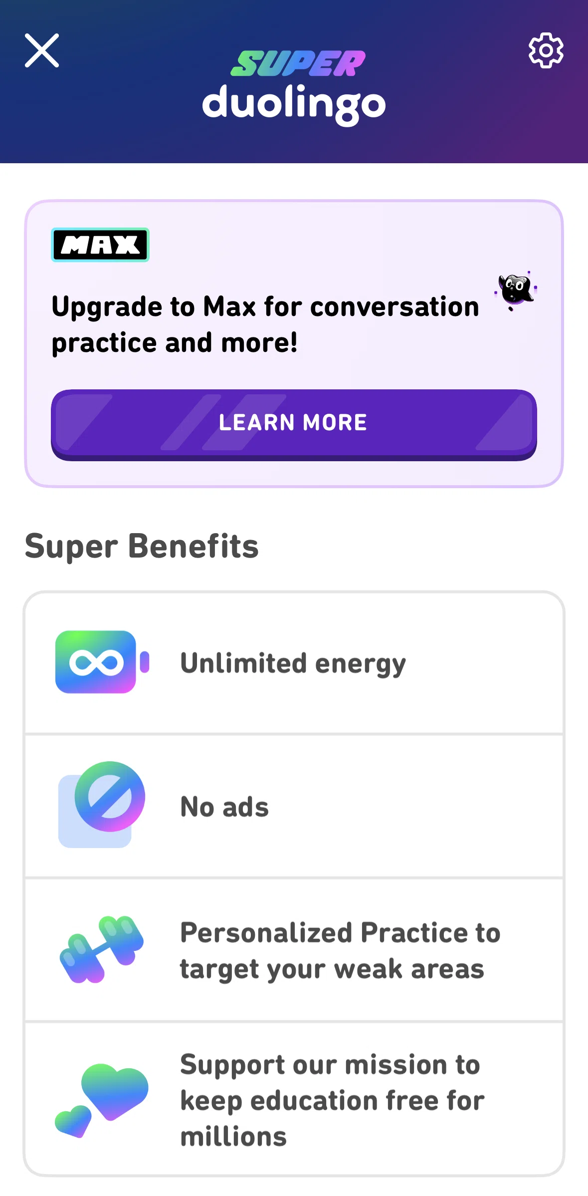 Duolingo Screen screen in the Manage a subscription flow