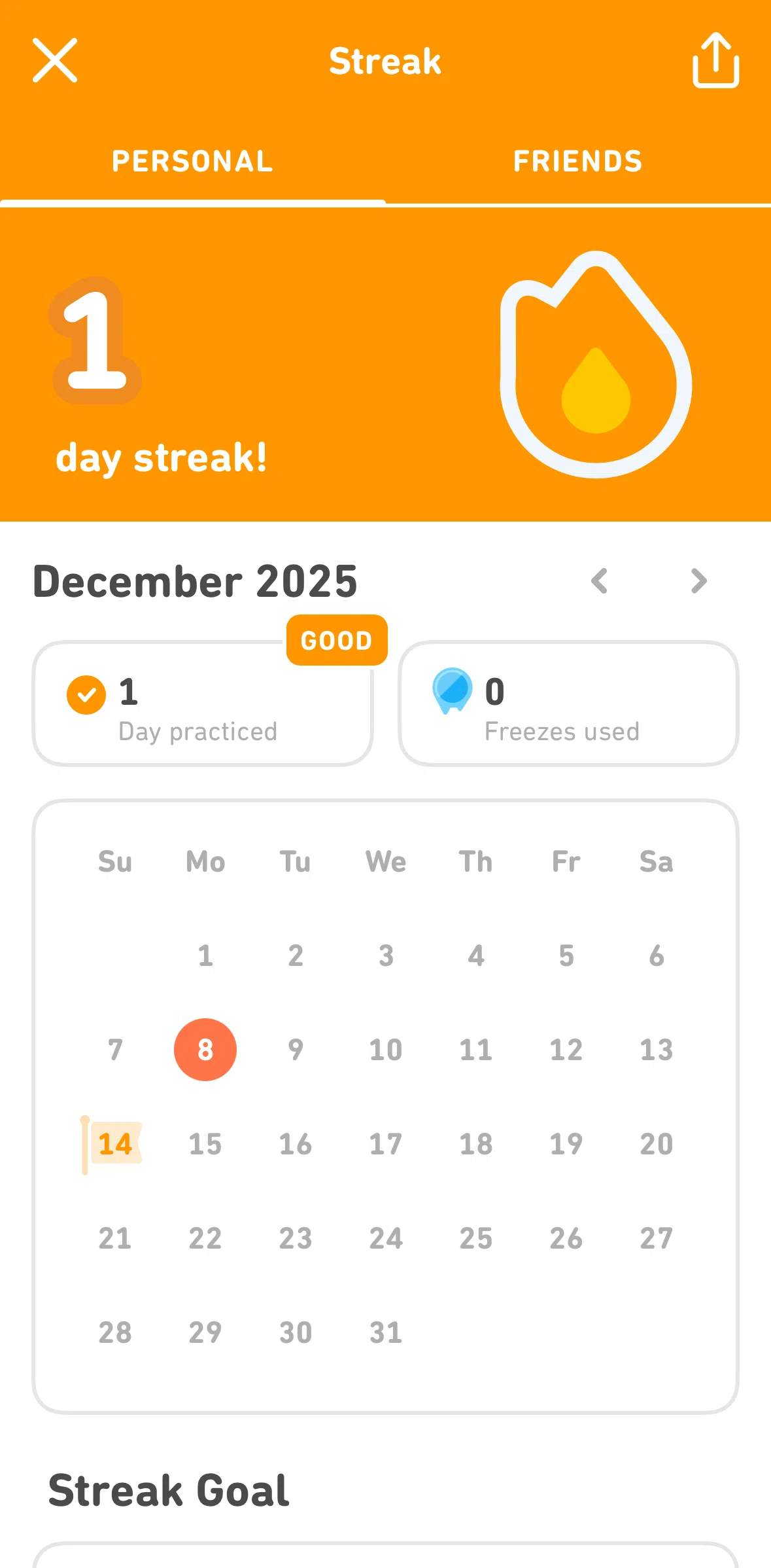 Duolingo Screen screen in the Personal streak flow