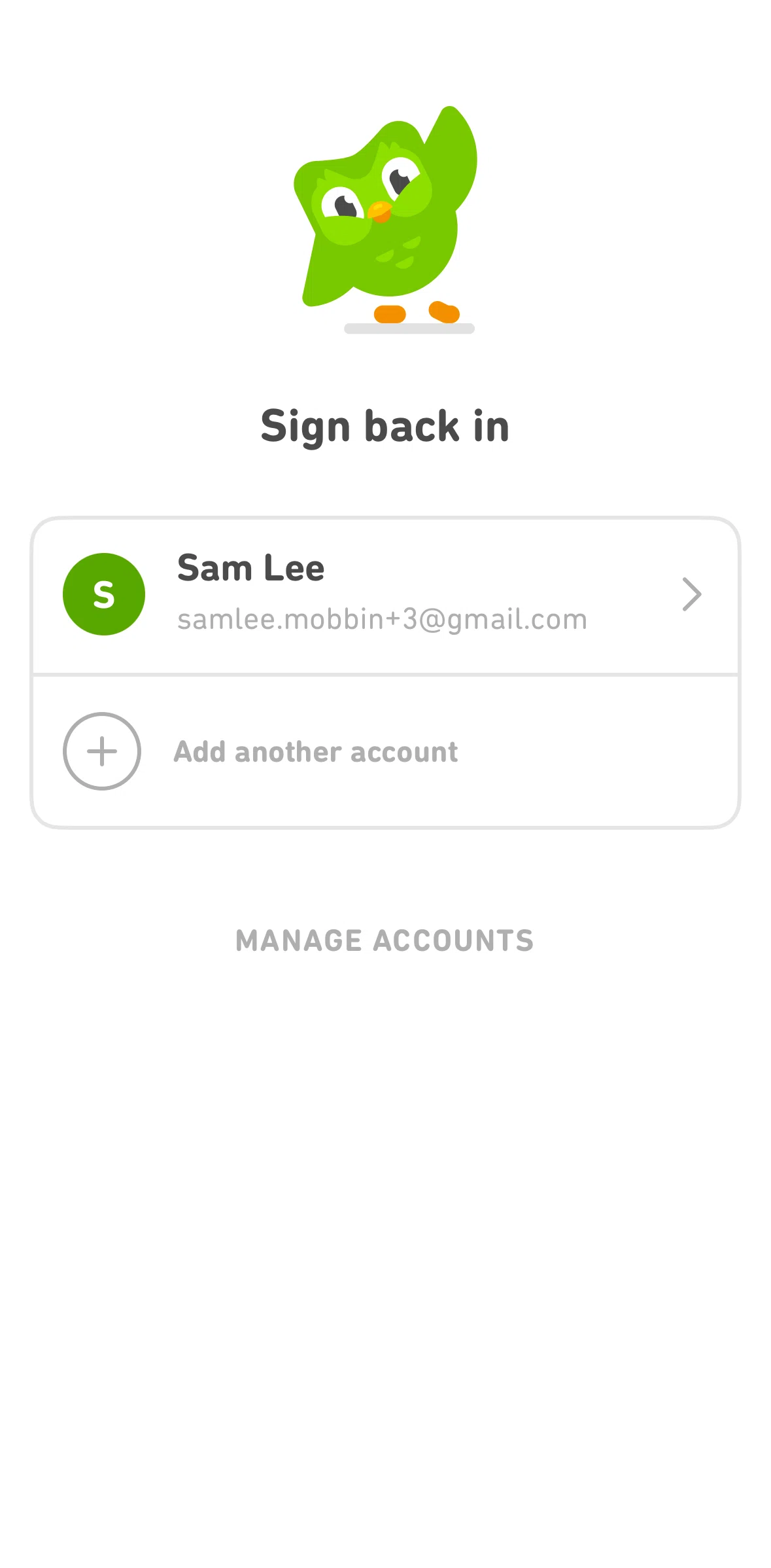 Duolingo Screen screen in the Removing a saved account flow
