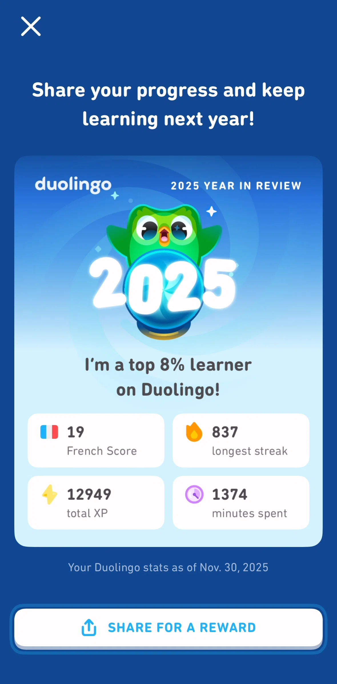 Duolingo Screen screen in the Share a year in review flow