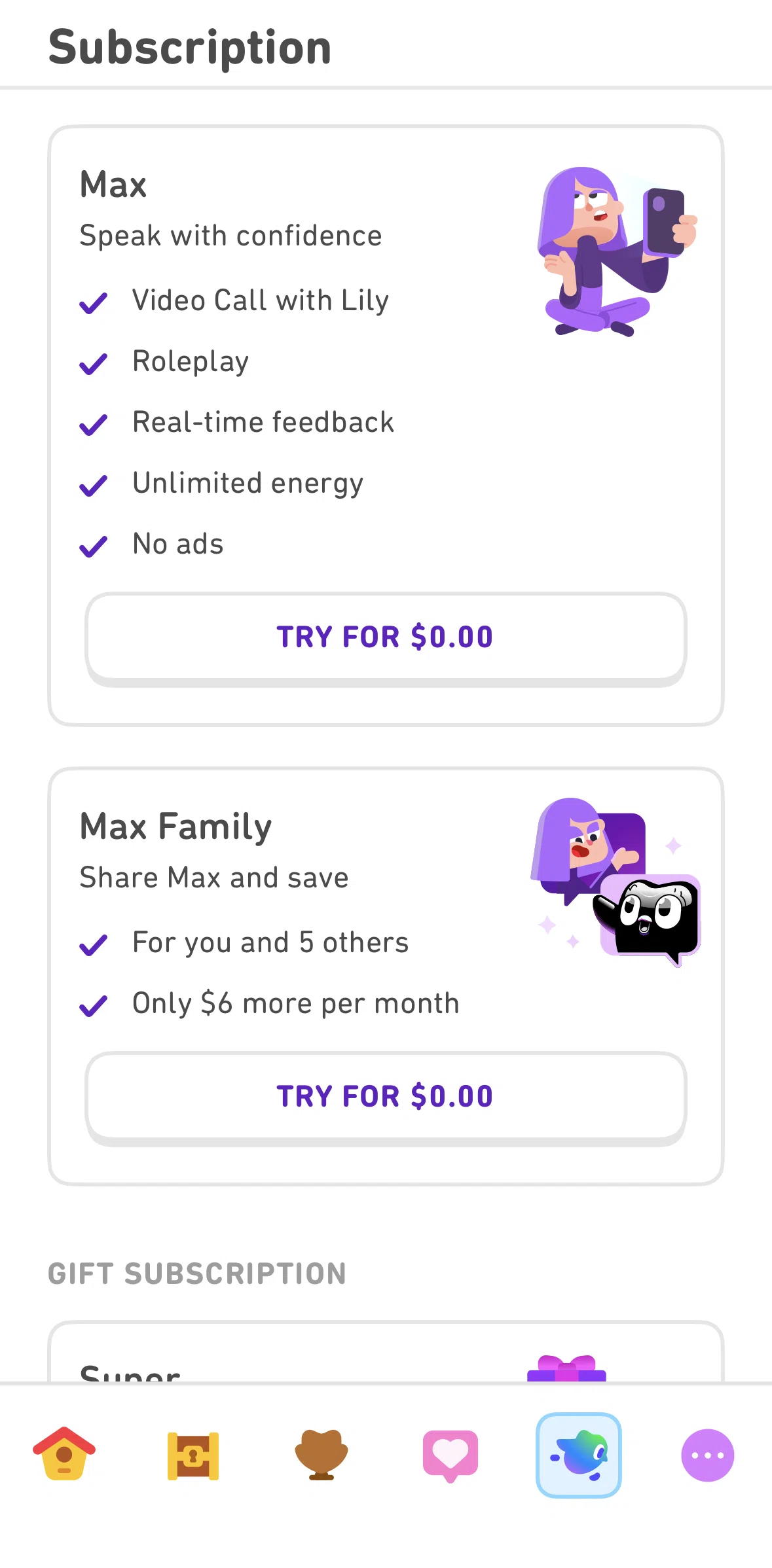 Duolingo Screen screen in the Subscribing to Duolingo Max Family flow