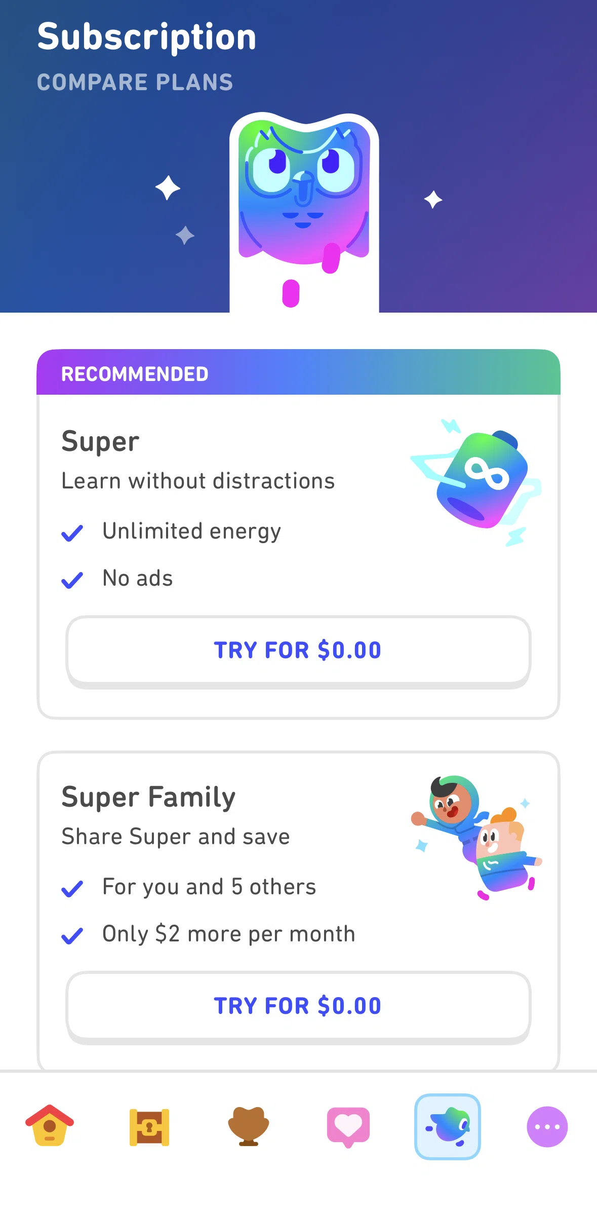 Duolingo Screen screen in the Subscribing to Super Duolingo flow