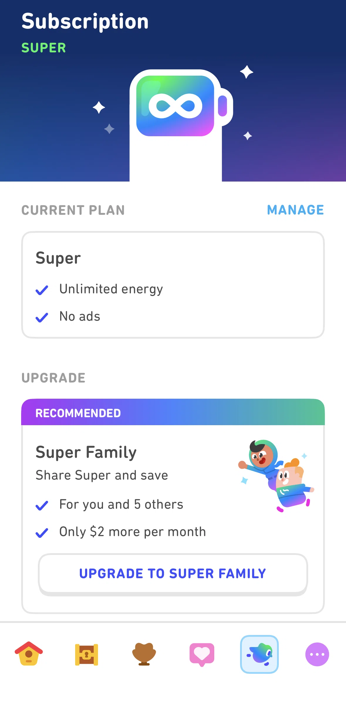 Duolingo Screen screen in the Super Duolingo flow