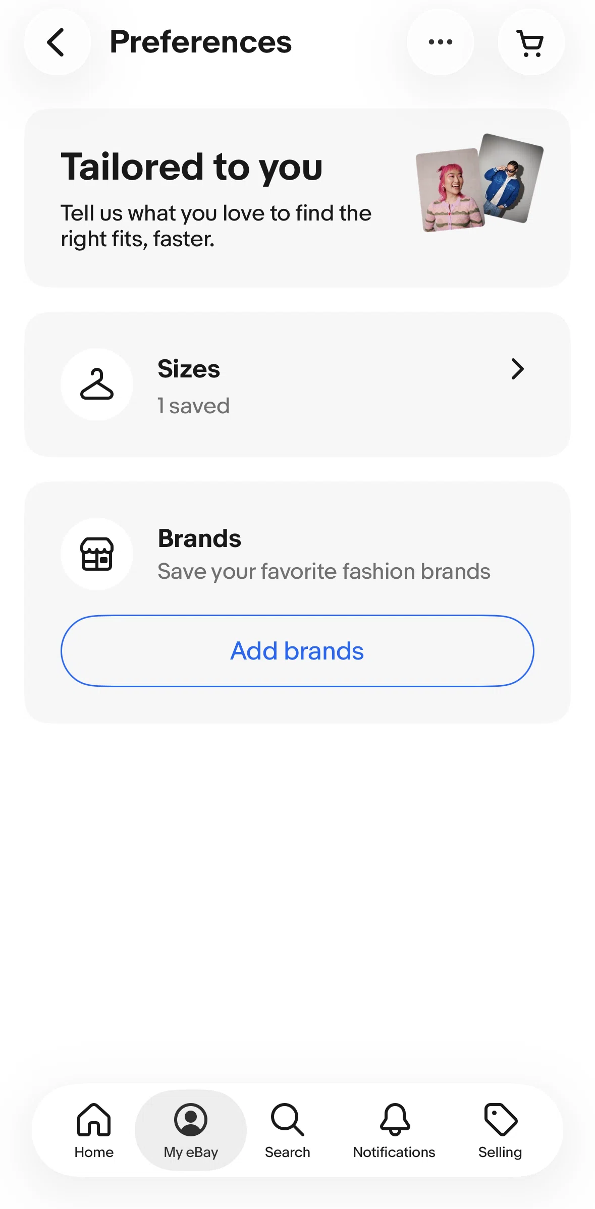 Ebay Screen screen in the Adding a brand preference flow