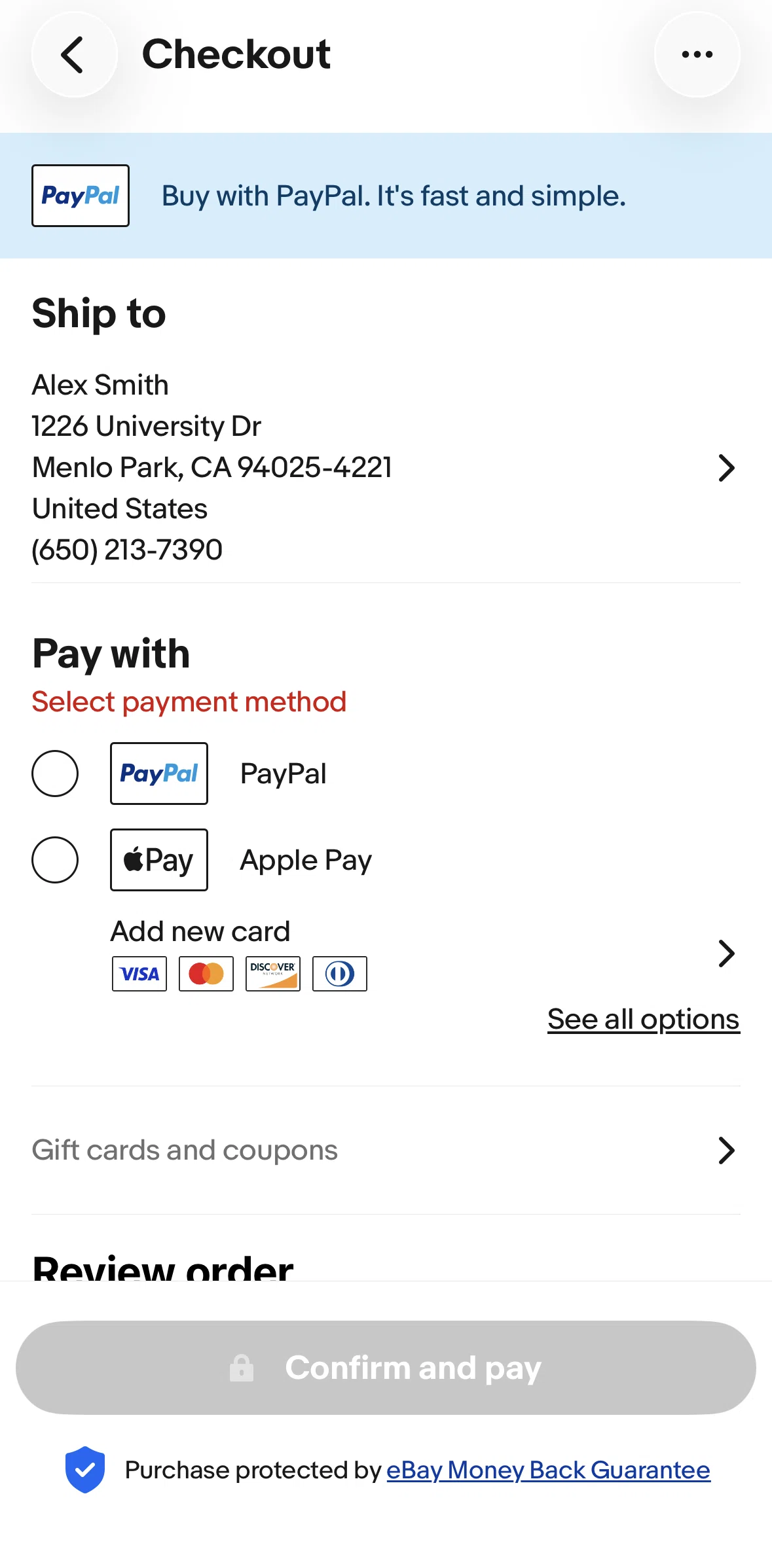 Ebay Screen screen in the Adding a card flow