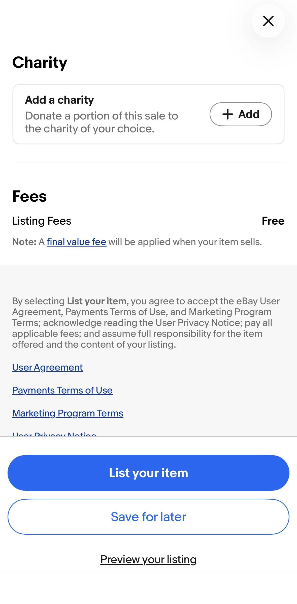 Ebay Screen screen in the Adding a charity flow