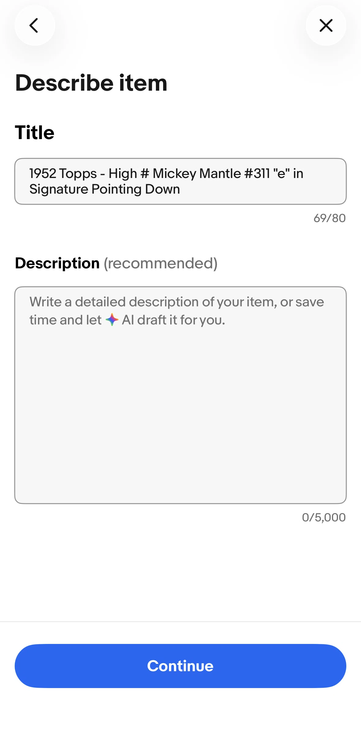 Ebay Screen screen in the Adding a description with AI flow